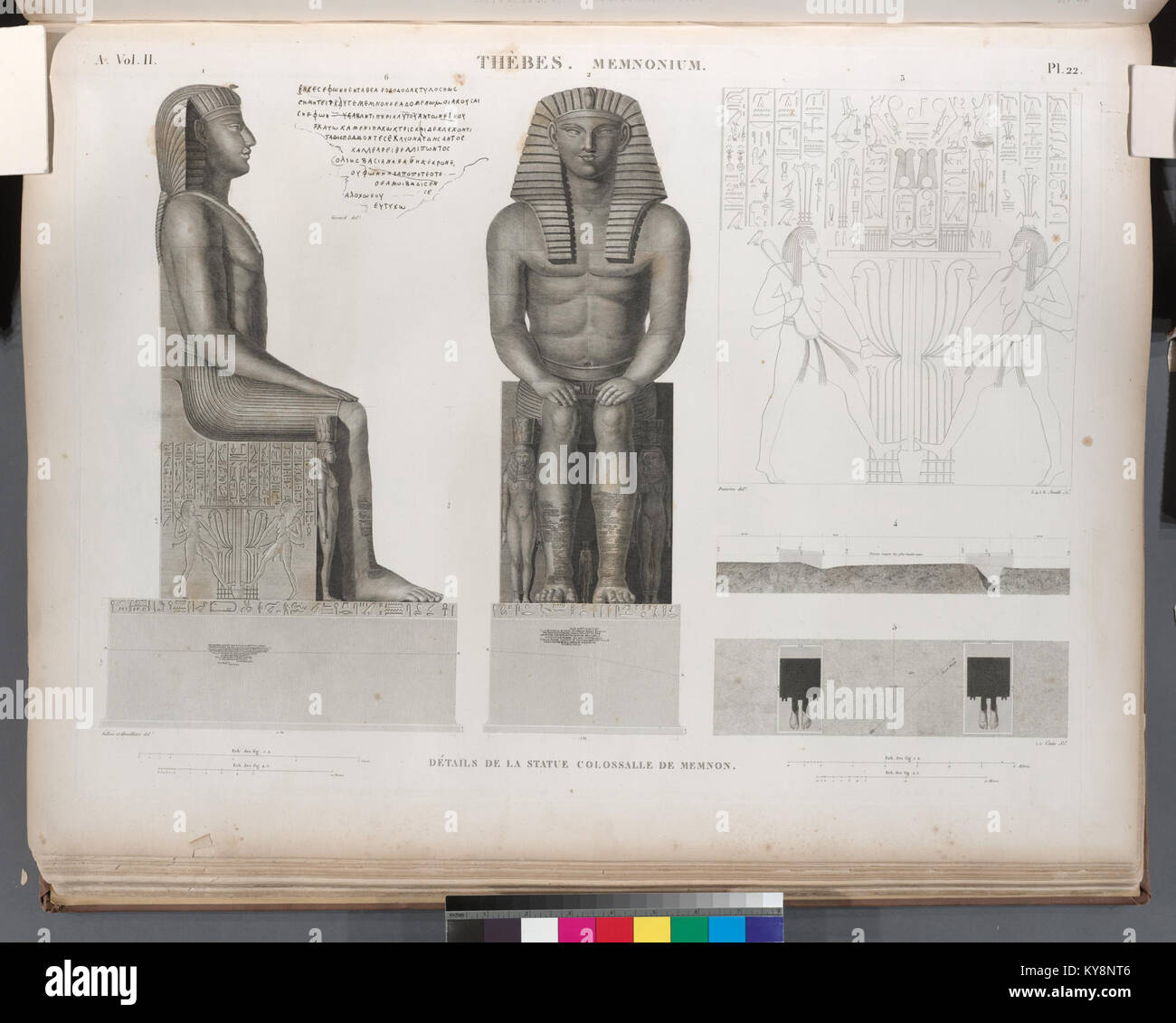 La fotografia mostra i dettagli della colossale statua di Memnone al Ramesseum (Memnonium) di Tebe, Egitto, documentando gli sforzi di restauro e la scultura monumentale egiziana antica. Foto Stock