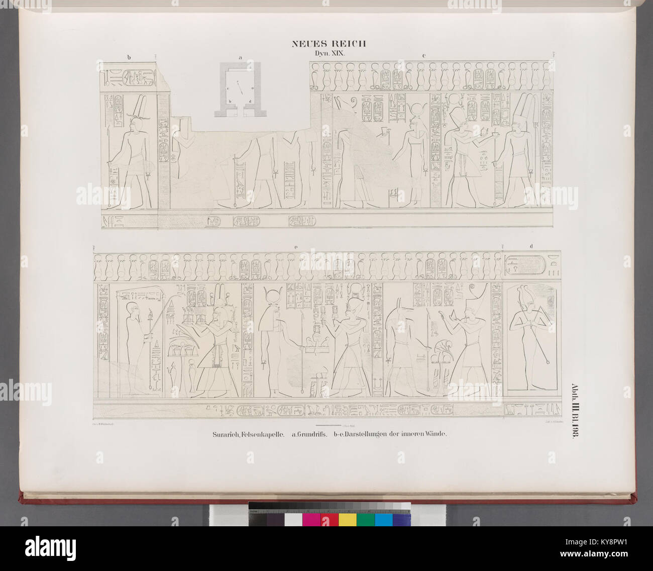 Questo documento documenta la cappella rupestre della dinastia XIX a Surarîeh, in Egitto, tra cui planimetrie e raffigurazioni di dipinti murali interni, del periodo del nuovo Regno. Foto Stock