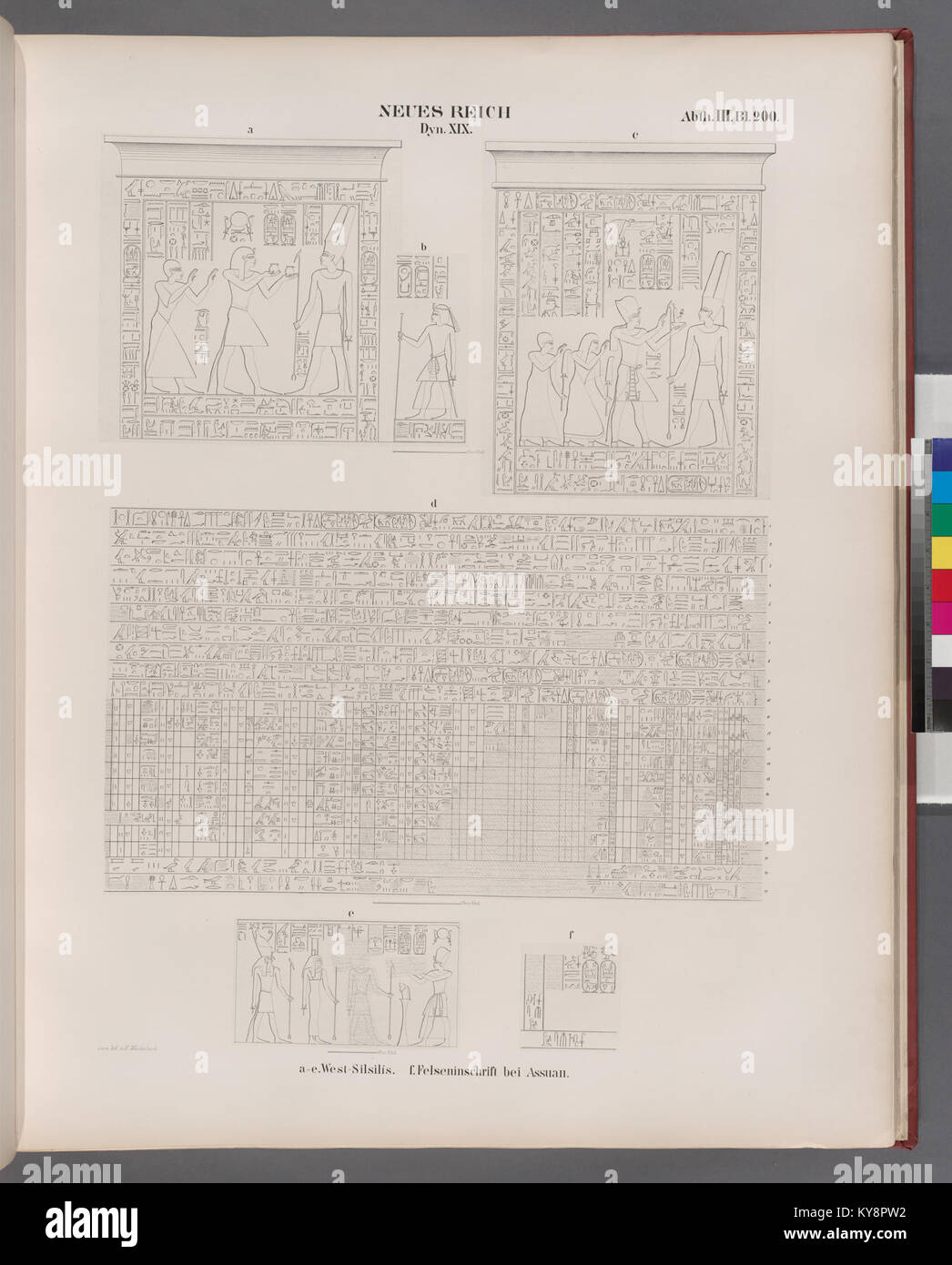 "Questa immagine raffigura iscrizioni e incisioni rupestri a Gebel el-Silsila e Assuan, Egitto, del nuovo Regno, Dinastia XIX, che illustrano la storica architettura egiziana e i geroglifici." Foto Stock