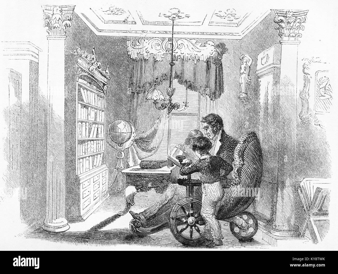 Incisione di una sedia a rotelle inglese e la sua famiglia godendo di una serata a casa di epoca vittoriana. Da un'incisione originale in Harper's Story libri da Jacob Abbott, 1854. Foto Stock