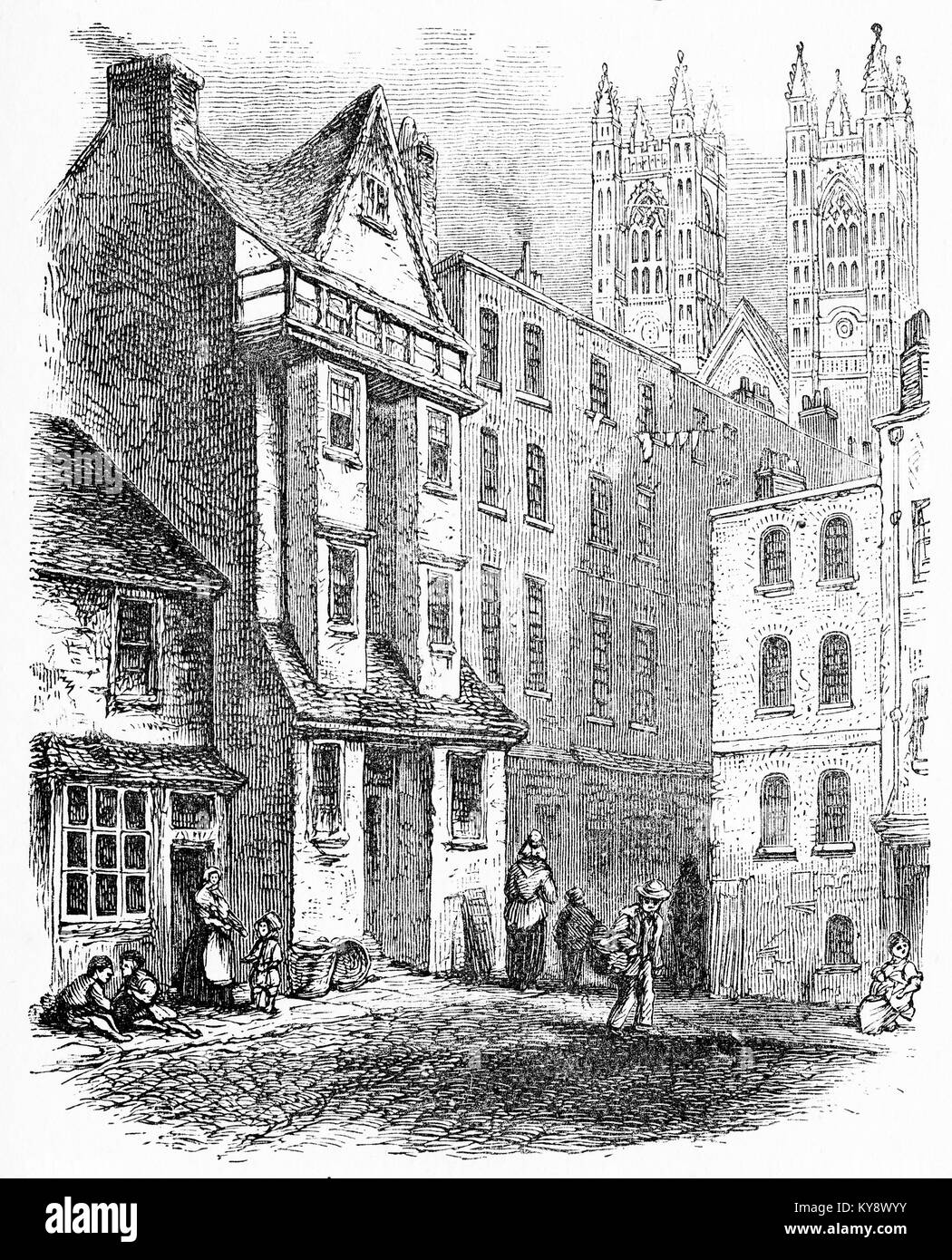 Incisione di William Caxton's house a Westminster. Dalla nostra bibbia inglese da John Stoughton, circa 1900. Foto Stock