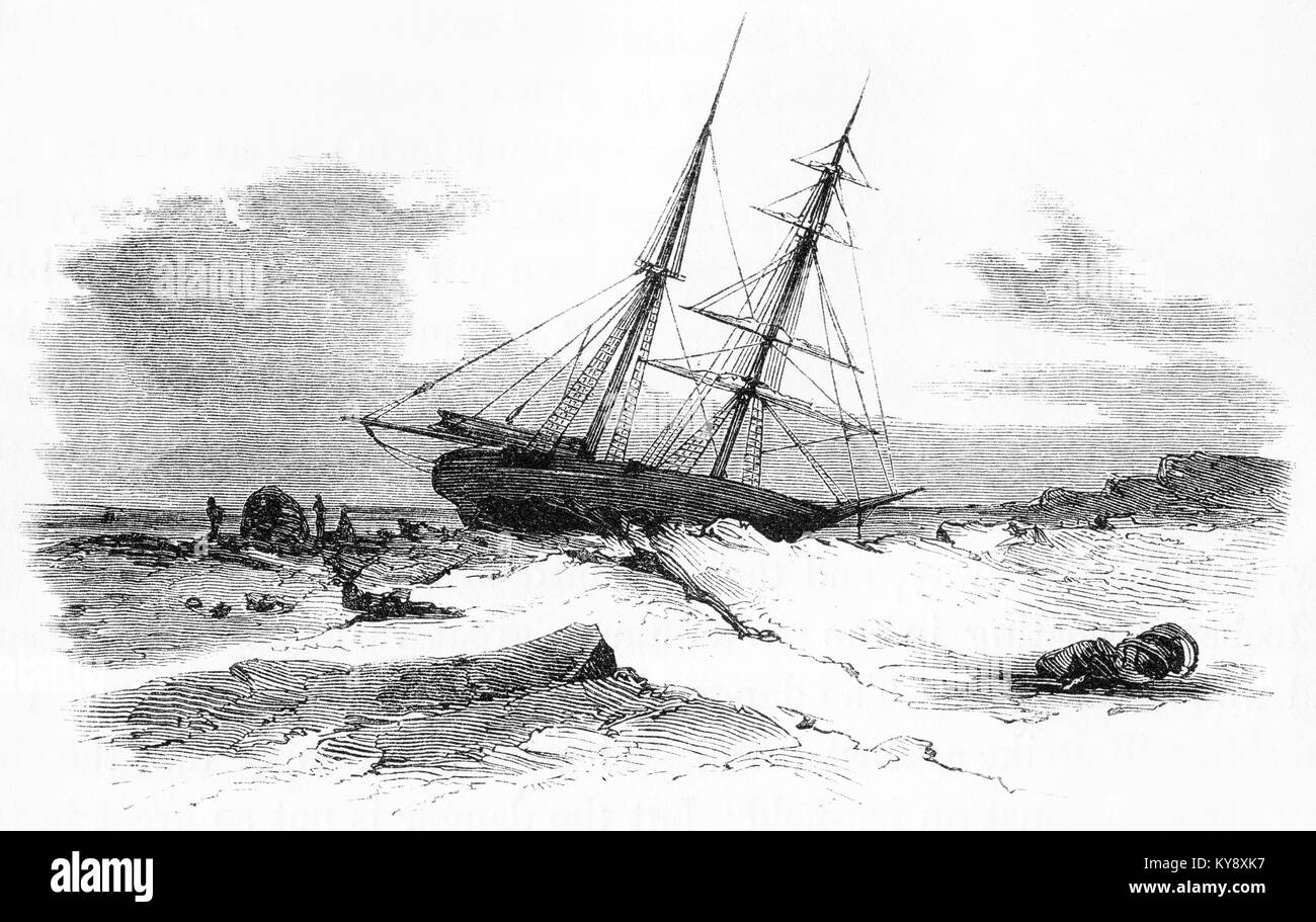 Incisione di una nave a vela bloccato nel ghiaccio durante un inverno artico. Da un'incisione originale in Harper's Story libri da Jacob Abbott, 1854. Foto Stock