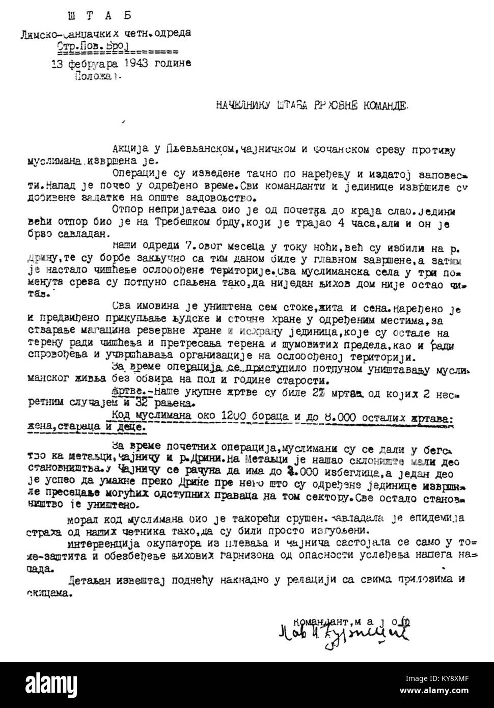 Rapporto che documenta il massacro musulmano del 13 febbraio 1943 di Pavle Durisic, che descrive le vittime, la posizione, il contesto storico, le tensioni etniche e politiche e gli eventi bellici. Foto Stock