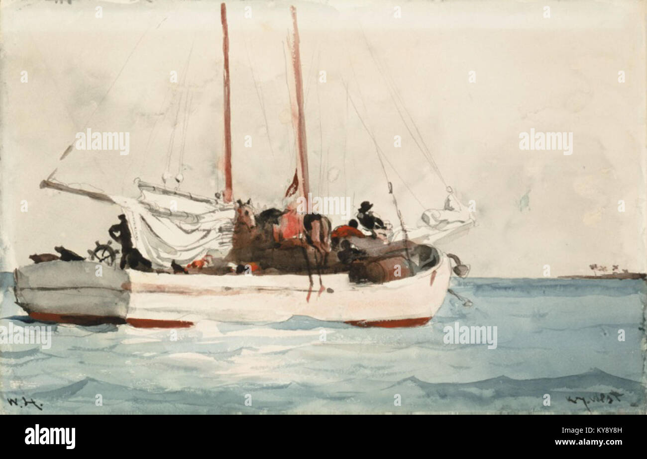 Dipinto "trasporto in Anchor" di Winslow Homer, raffigurante pescatori a Key West che trasportano ancora, scena marittima, navi, oceano, vita marina, e attività costiere del xix secolo. Foto Stock
