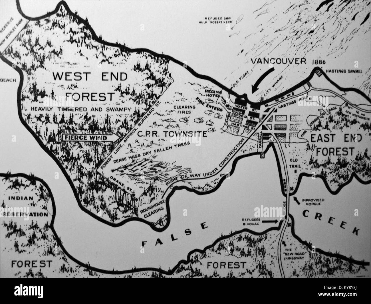 Questa mappa di Vancouver datata 13 giugno 1886 raffigura strade, quartieri e punti di riferimento chiave, illustrando la struttura urbana poco dopo l'incorporazione della città. Foto Stock