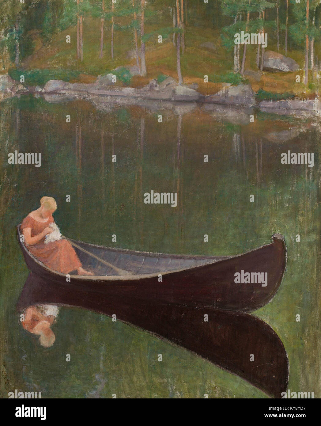 Questa opera d'arte di Pekka Halonen raffigura una donna in barca, illustrando la pittura finlandese dell'inizio del XX secolo, lo stile naturalistico e il contesto culturale. Foto Stock