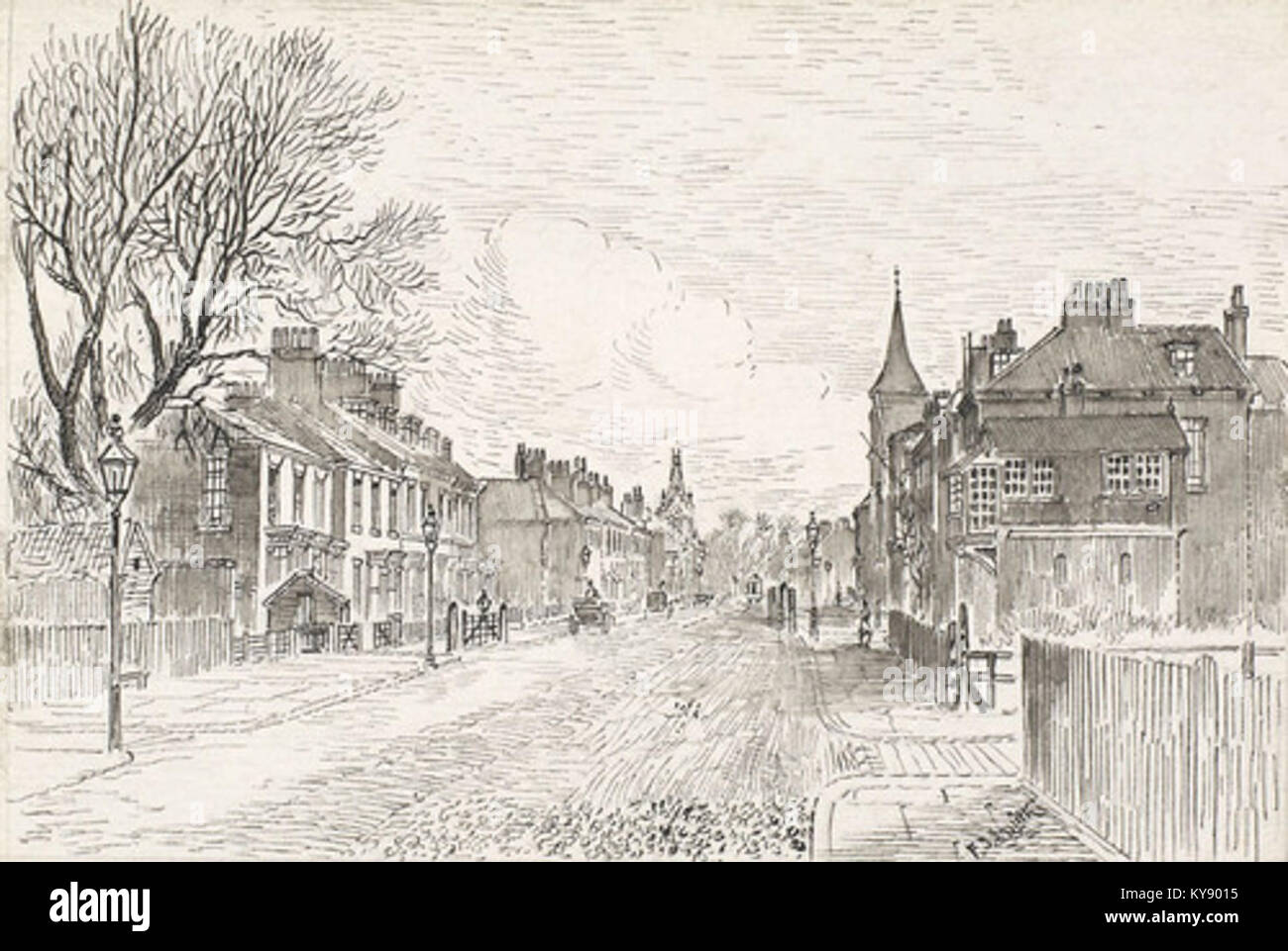 Una fotografia storica di Stepney Railway Crossing su Beverley Road intorno al 1889, che documenta le infrastrutture ferroviarie dell'era vittoriana e lo sviluppo urbano in Inghilterra. Foto Stock