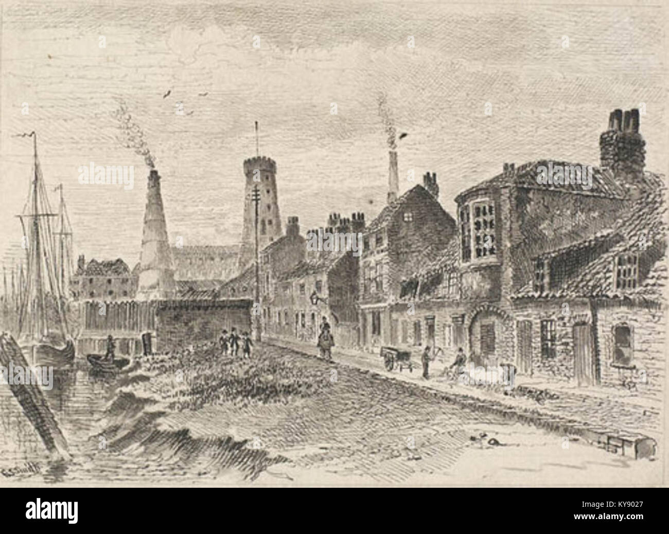 Questa fotografia storica mostra il fiume Hull vicino a Wincolmlee a Kingston upon Hull, in Inghilterra, con l'Hold Hotel della nave e gli edifici industriali circostanti sul lungomare. Foto Stock