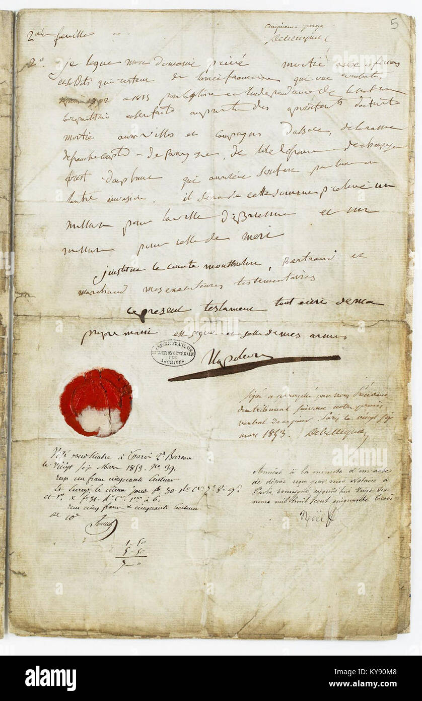 Questa pagina del testamento di Napoleone i riporta i suoi desideri finali, facendo luce sulla sua eredità, sulle decisioni politiche e sul contesto storico che circonda la sua morte nel 1821. Offre preziose informazioni sugli ultimi momenti di una delle figure più influenti della storia. Foto Stock