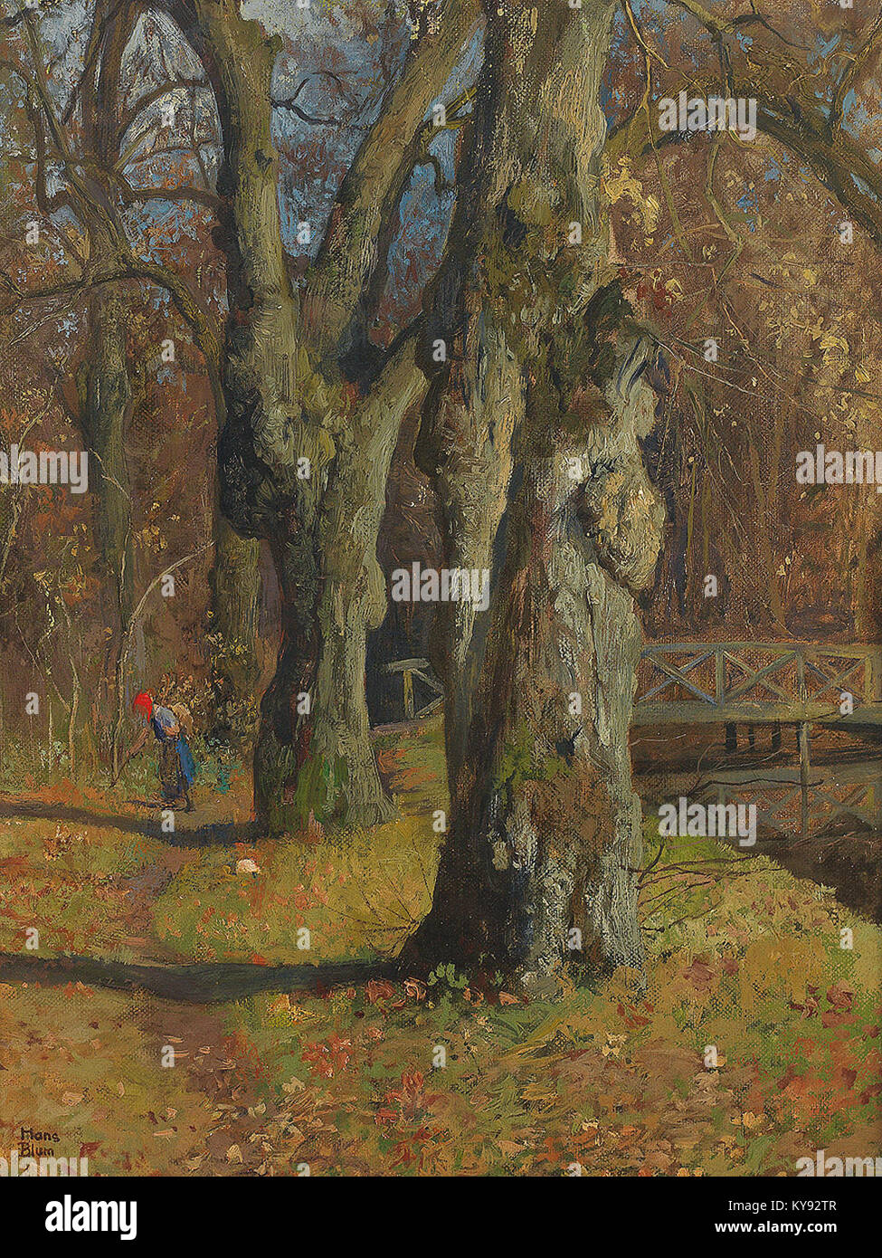 Dipingere o fotografare una soleggiata giornata d'autunno con un ponte e una donna che raccoglie legna, evidenziando l'attività rurale stagionale. Foto Stock