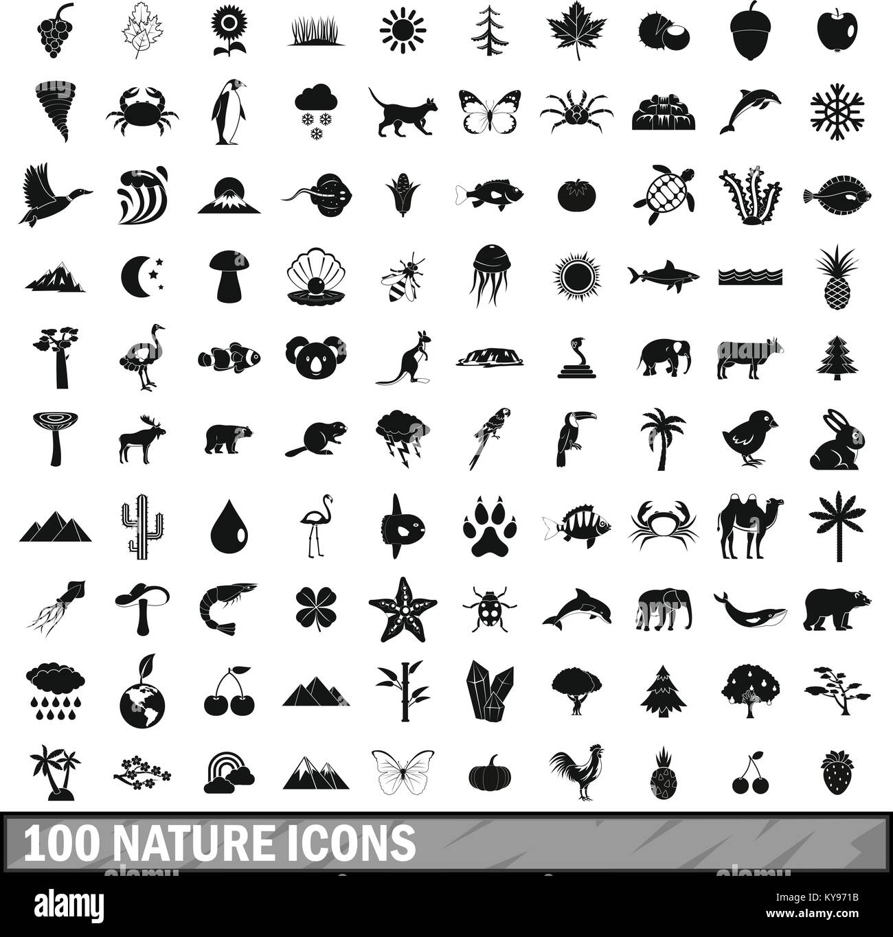 100 natura set di icone in stile semplice per qualsiasi design illustrazione vettoriale Illustrazione Vettoriale