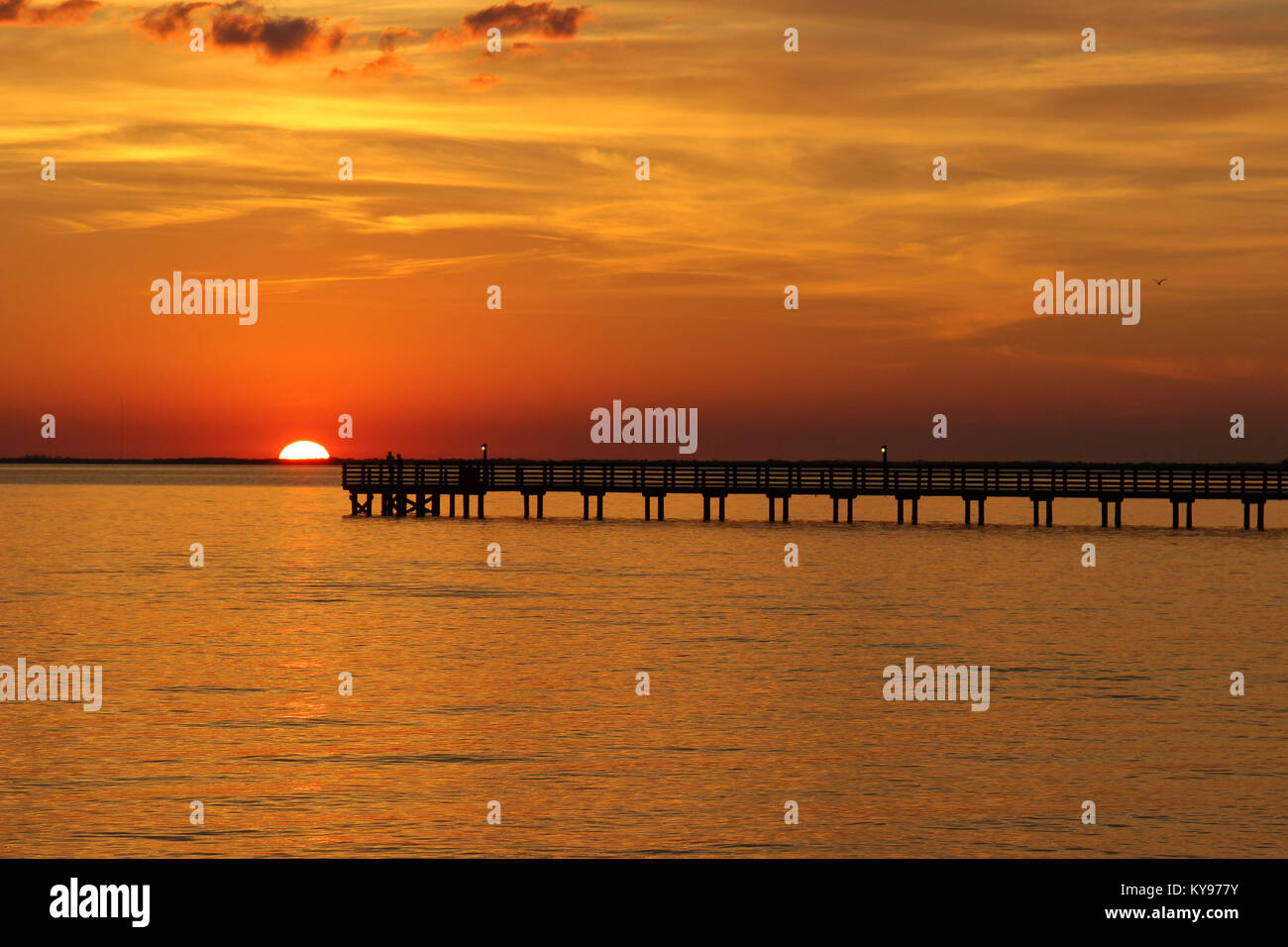 Charlotte Harbor tramonto con golden sky e profilarsi la pesca del molo, Florida USA. Foto Stock