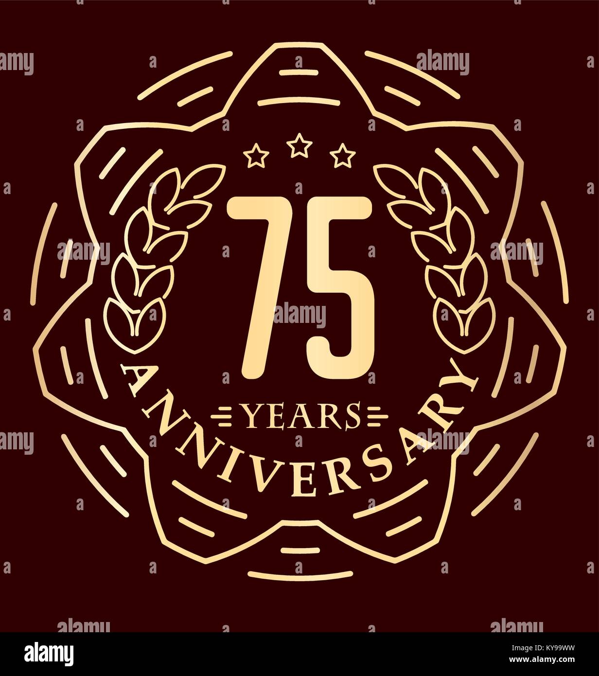 Vintage anniversario 75 anni emblema tondo in stile monolinea. In stile retrò vettore decorazioni in tonalità oro su sfondo scuro. Illustrazione Vettoriale