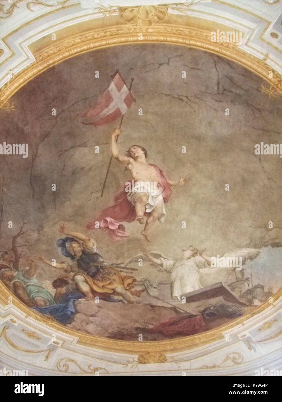 L'affresco a soffitto della chiesa parrocchiale di Riedlingen Zell, Germania, raffigura temi religiosi ed elementi artistici del periodo barocco. Foto Stock