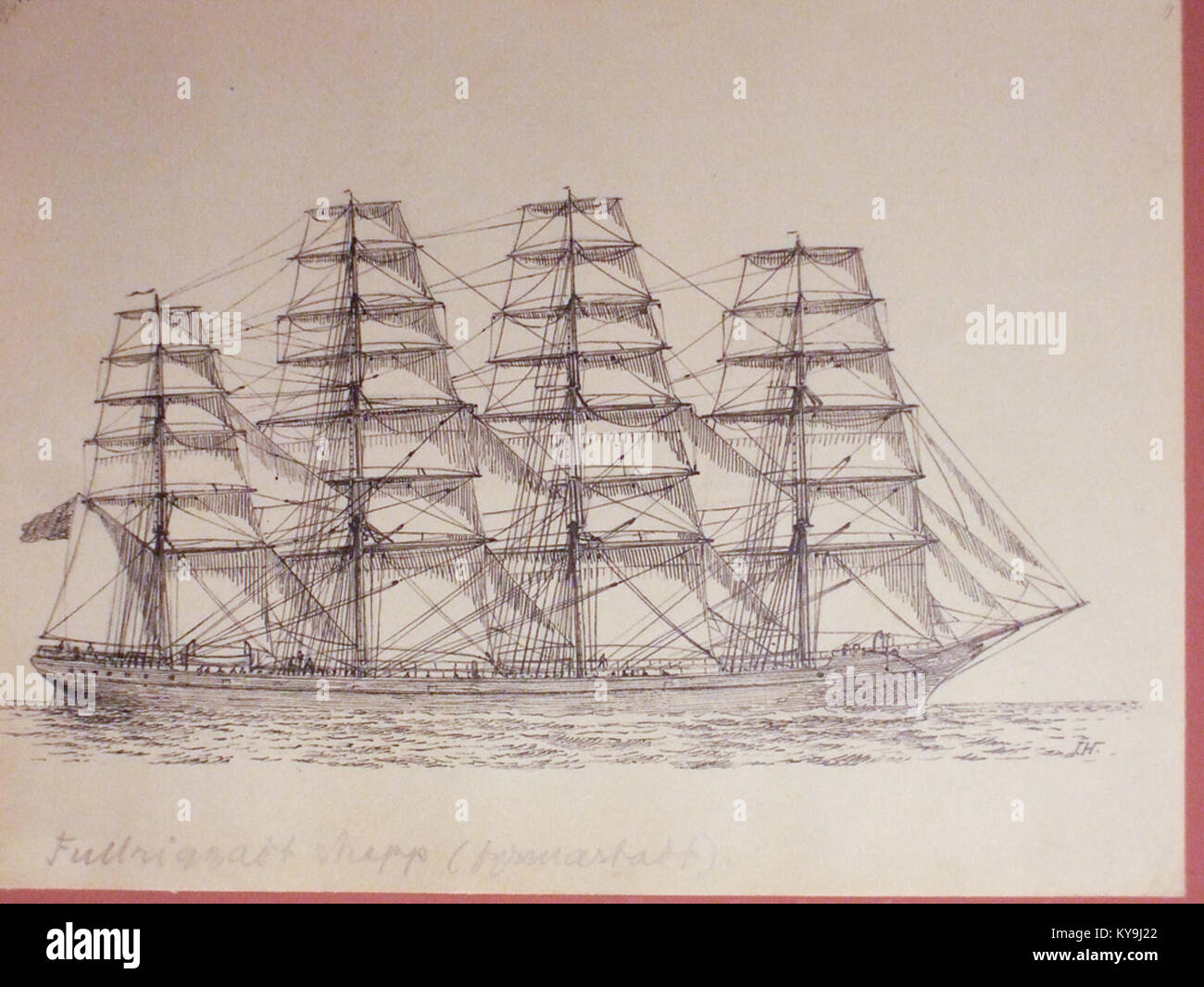 Un disegno dettagliato al Museo marittimo svedese che raffigura una nave a quattro alberi completamente attrezzata, che illustra la storia marittima svedese e l'esperienza nella costruzione navale. Foto Stock