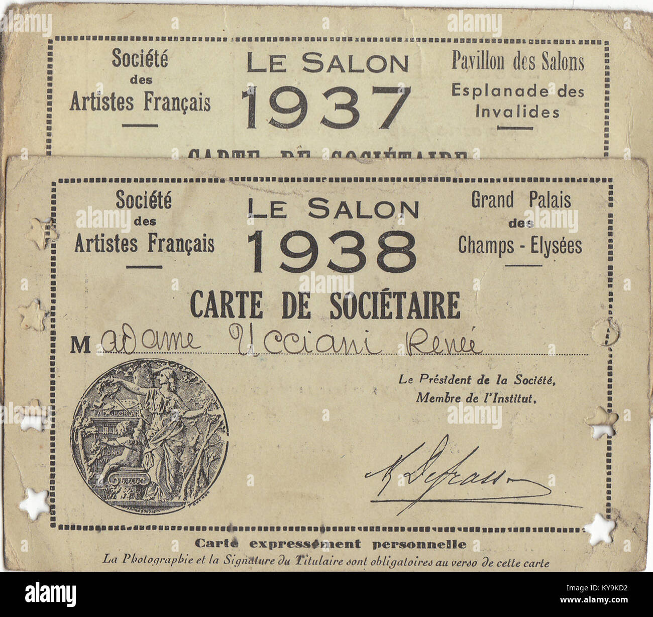 Questo documento "Ucciani.M-R" del 1937-38 è un record di appartenenza per gli artisti francesi alla Société des Artistes Francais, con i dettagli di nomi, affiliazioni e registrazione ufficiale durante il XX secolo. Foto Stock