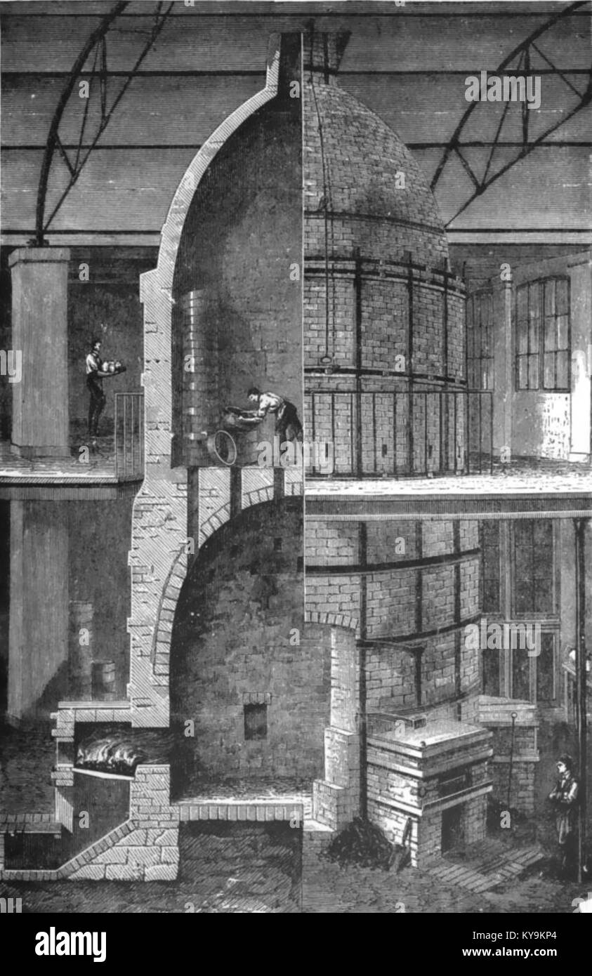 Questa immagine mostra un forno in porcellana con più forni utilizzati per la produzione della porcellana, dimostrando le tradizionali tecniche di produzione della ceramica. Foto Stock