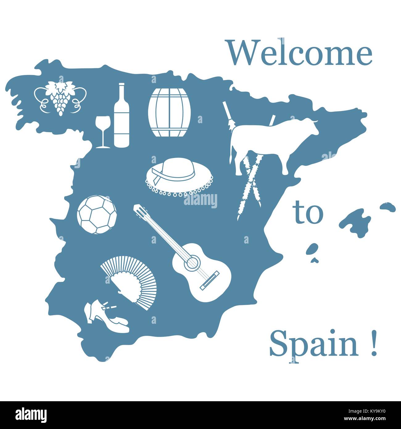 Illustrazione Vettoriale con vari simboli della Spagna. Viaggi e tempo libero. Design per banner, poster o di stampa. Illustrazione Vettoriale