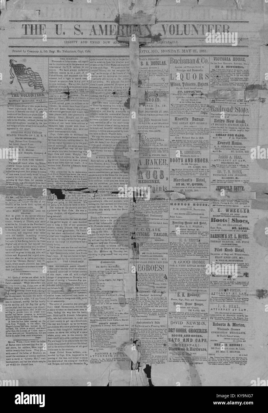Un numero storico del quotidiano U.S. American Volunteer datato 21 maggio 1861, contenente notizie e notizie dai primi mesi della guerra civile americana. Documenta il sentimento pubblico, gli aggiornamenti militari e le prime comunicazioni in tempo di guerra. Foto Stock