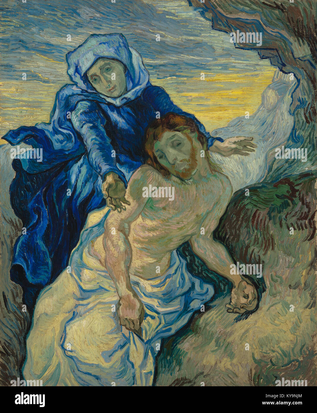 Opera d'arte del Pietà dopo Delacroix, raffigurante la Vergine Maria che regge il corpo di Cristo, evidenziando l'interpretazione artistica della scena biblica. Foto Stock