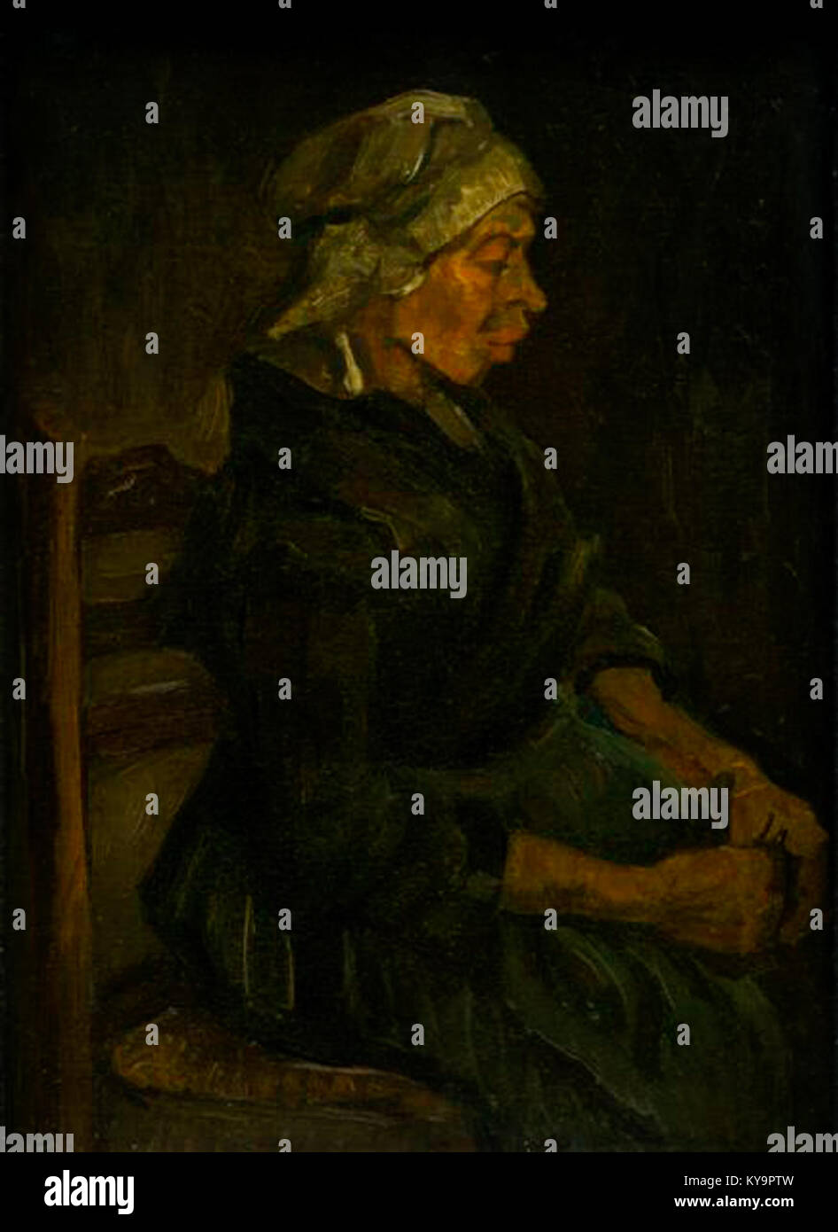 Questo dipinto di Vincent van Gogh raffigura una donna contadina seduta, con indosso un cappello bianco. Riflette la sua esplorazione della vita rurale e dell'espressione umana. Foto Stock