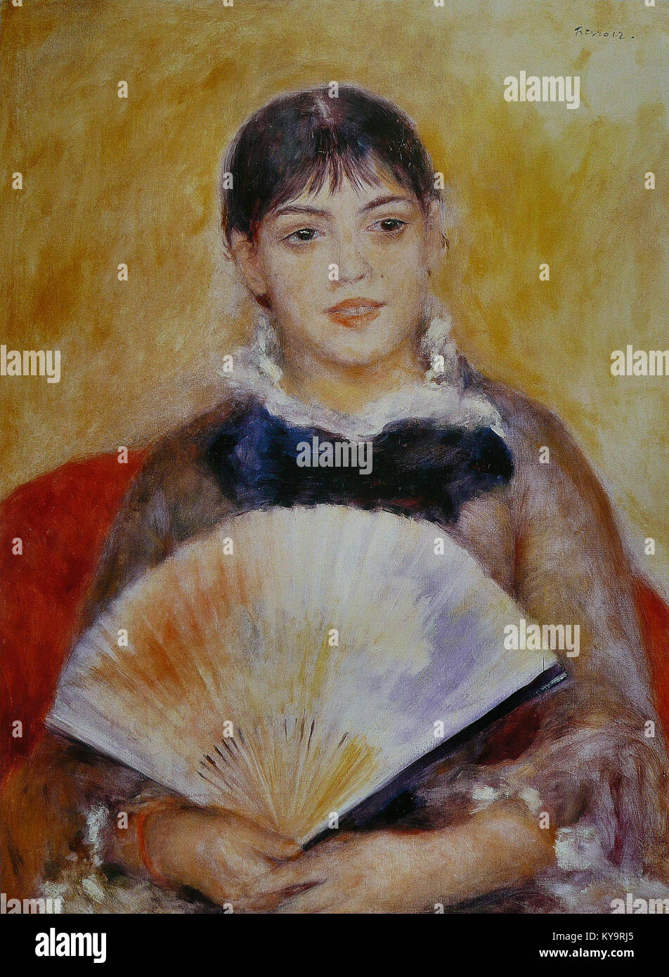 Il dipinto *Femme à l'éventail* di Pierre-Auguste Renoir raffigura una donna che tiene in mano un ventilatore, che mostra lo stile impressionista, la pennellata, l'uso dei colori e l'arte francese del tardo XIX secolo. Foto Stock