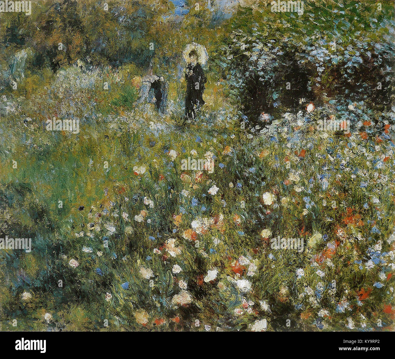 Dipinto "Femme à l'ombrelle" di Pierre-Auguste Renoir raffigurante una donna che regge un ombrello all'aperto, enfatizzando la tecnica impressionista e gli effetti di luce. Foto Stock