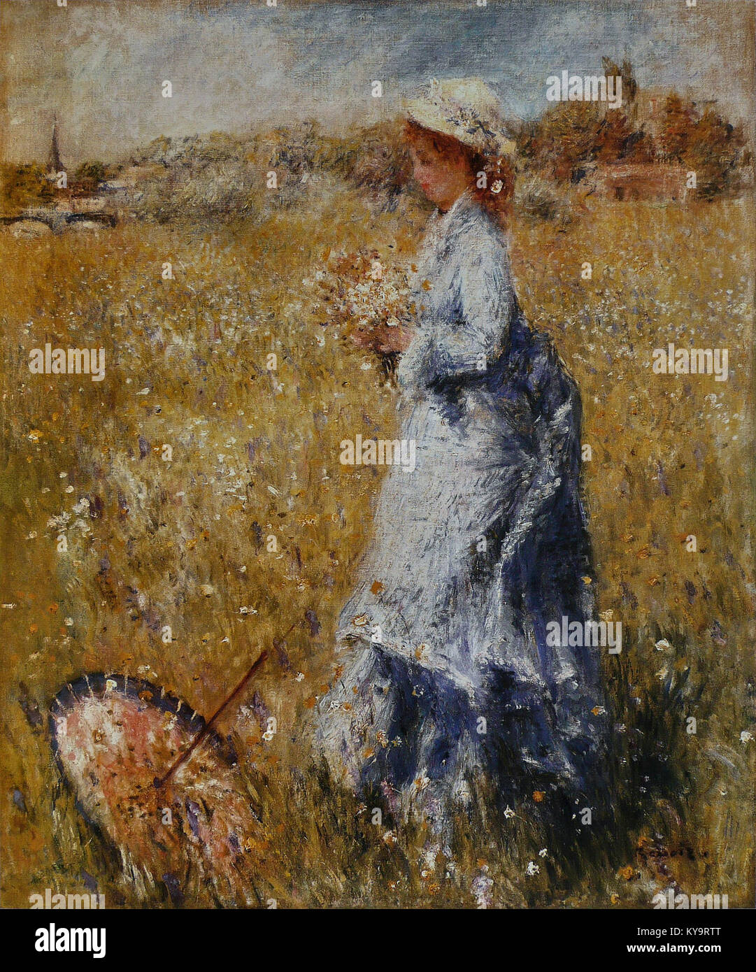 Un dipinto di Pierre-Auguste Renoir intitolato "l'Ombrelle renversée", creato nel 1872. Raffigura una donna seduta su una collina erbosa, che regge un ombrellone, con uno sfondo paesaggistico. Foto Stock