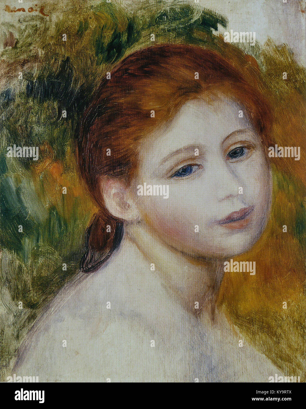 "Tête de femme" di Pierre-Auguste Renoir è un ritratto che raffigura la testa di una donna, evidenziando lo stile impressionista di Renoir, l'uso del colore e la pennellata. Foto Stock