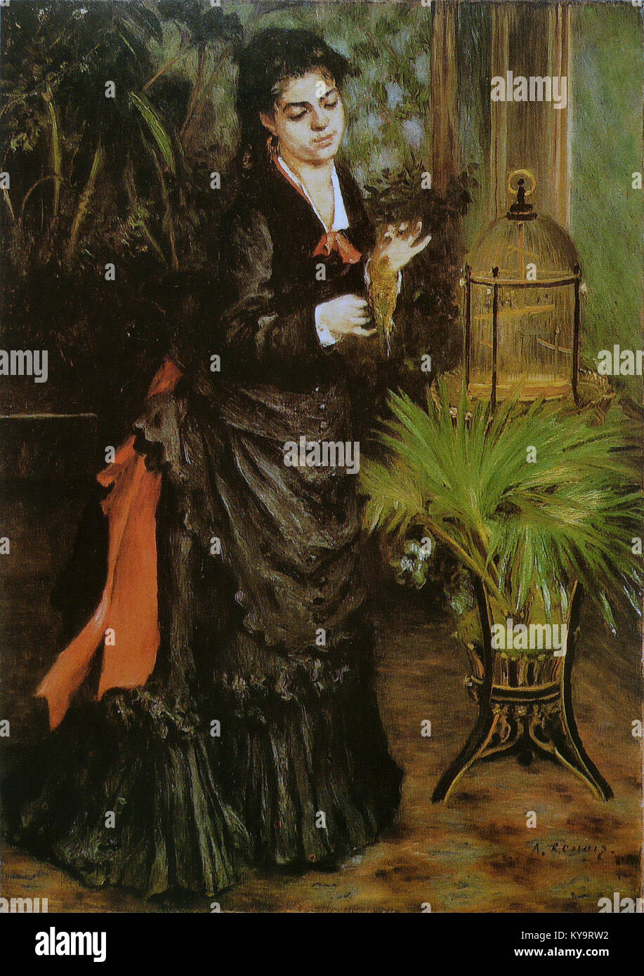 "La Femme à la perruche" di Pierre-Auguste Renoir è un dipinto impressionista che raffigura una donna con un pappagallo, mostrando ritratti francesi del XIX secolo e dettagli naturalistici. Foto Stock