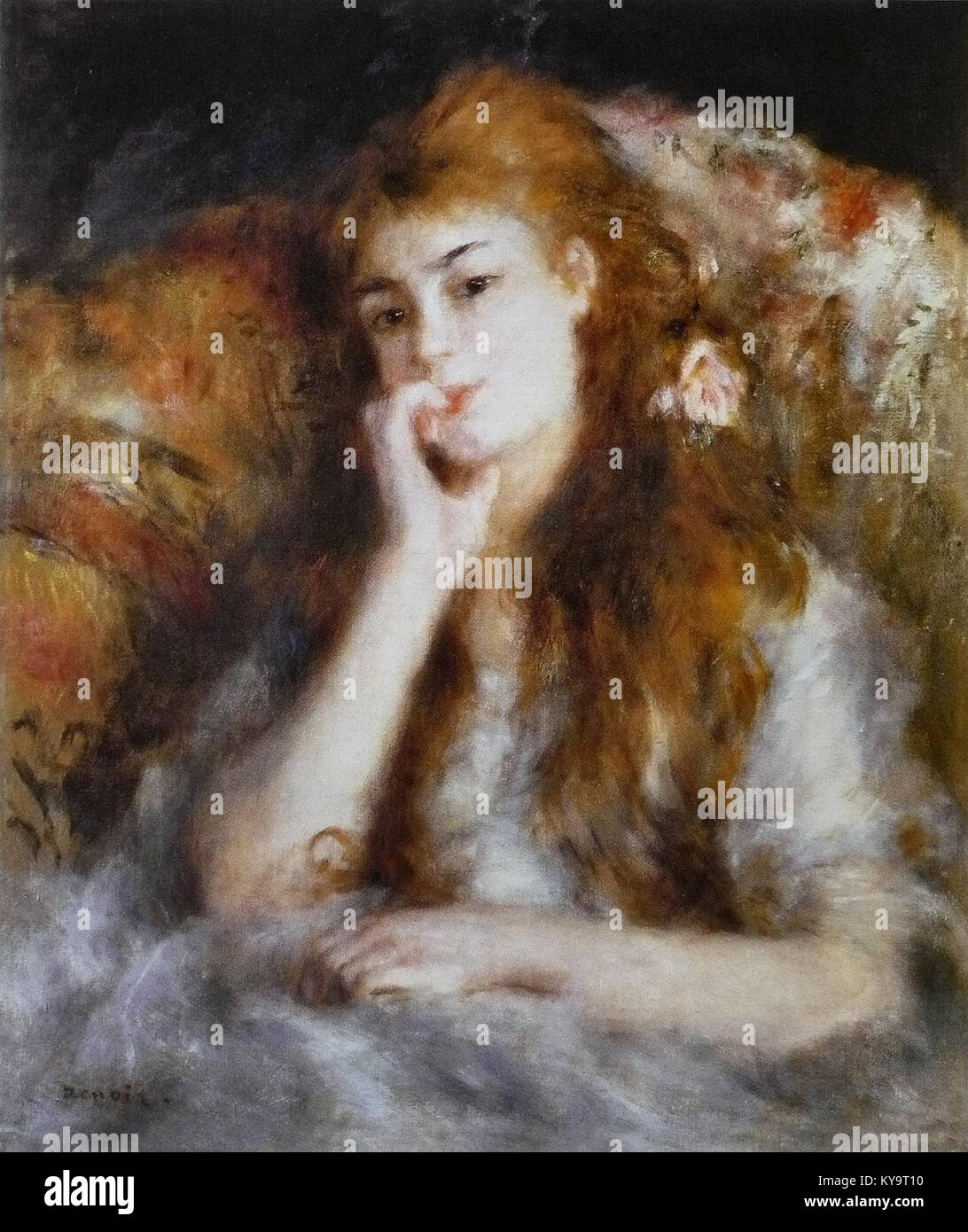 Questo dipinto di Pierre-Auguste Renoir raffigura una giovane donna seduta in una posa premurosa, dimostrando l'uso di luce, colore e tecnica impressionista da parte di Renoir. Foto Stock
