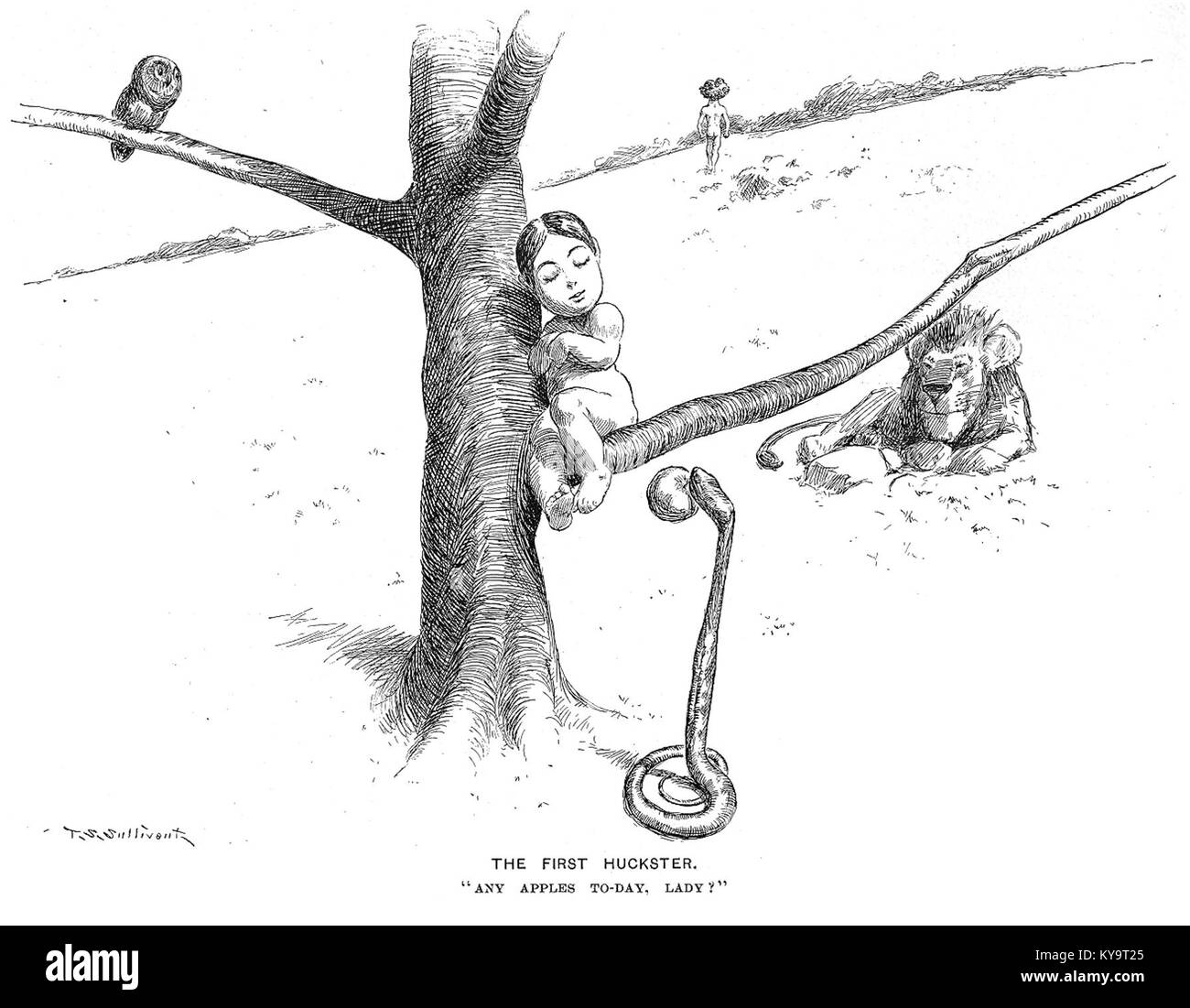 Il primo Huckster di T. S. Sullivant (1898) è un'illustrazione satirica che raffigura il commercio, l'umorismo e il commento sociale. Foto Stock