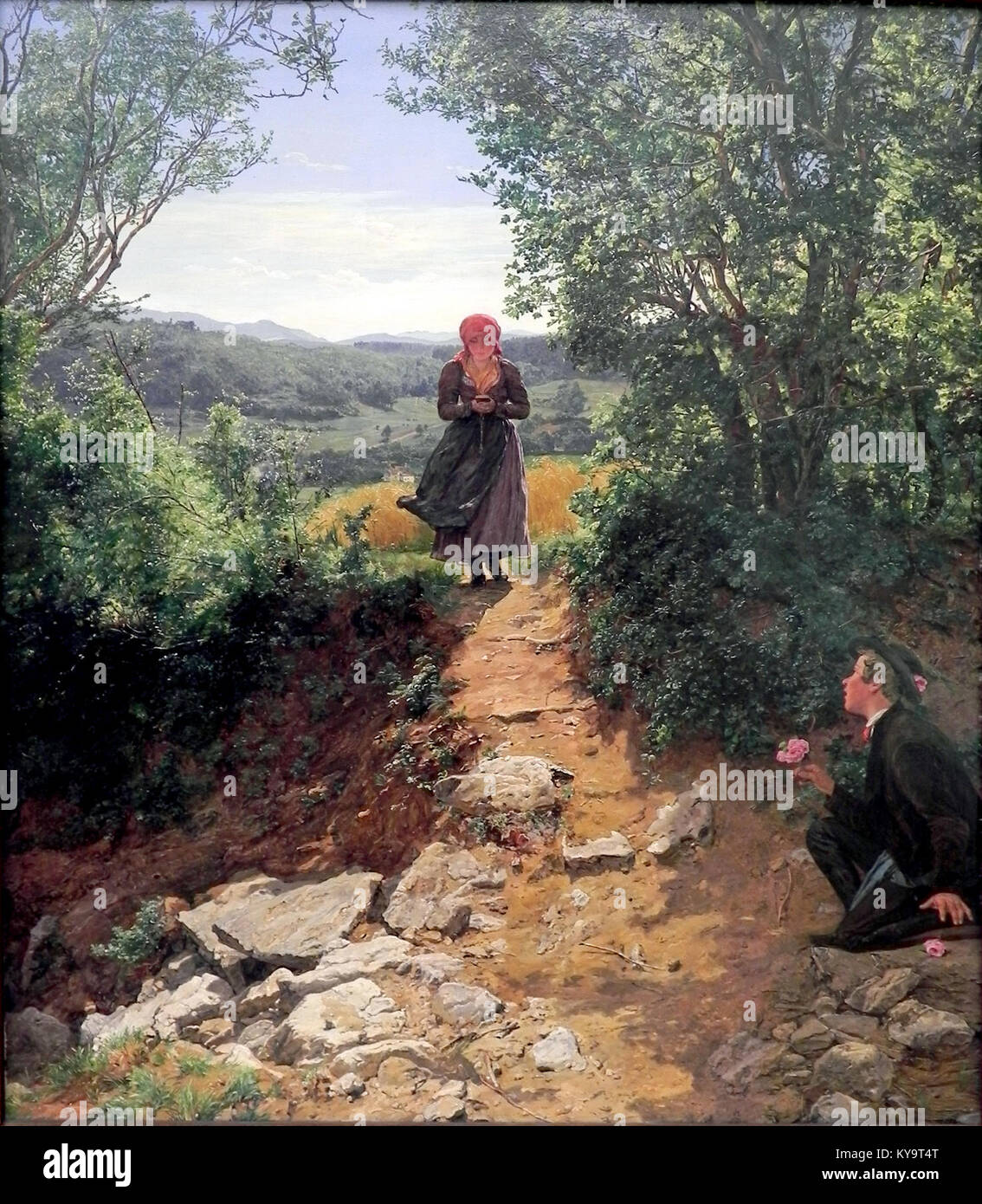 "Die Erwartete" (1860) di Ferdinand Georg Waldmüller, dipinto raffigurante una giovane donna in attesa di un momento, che riflette il sentimento europeo del XIX secolo. Foto Stock