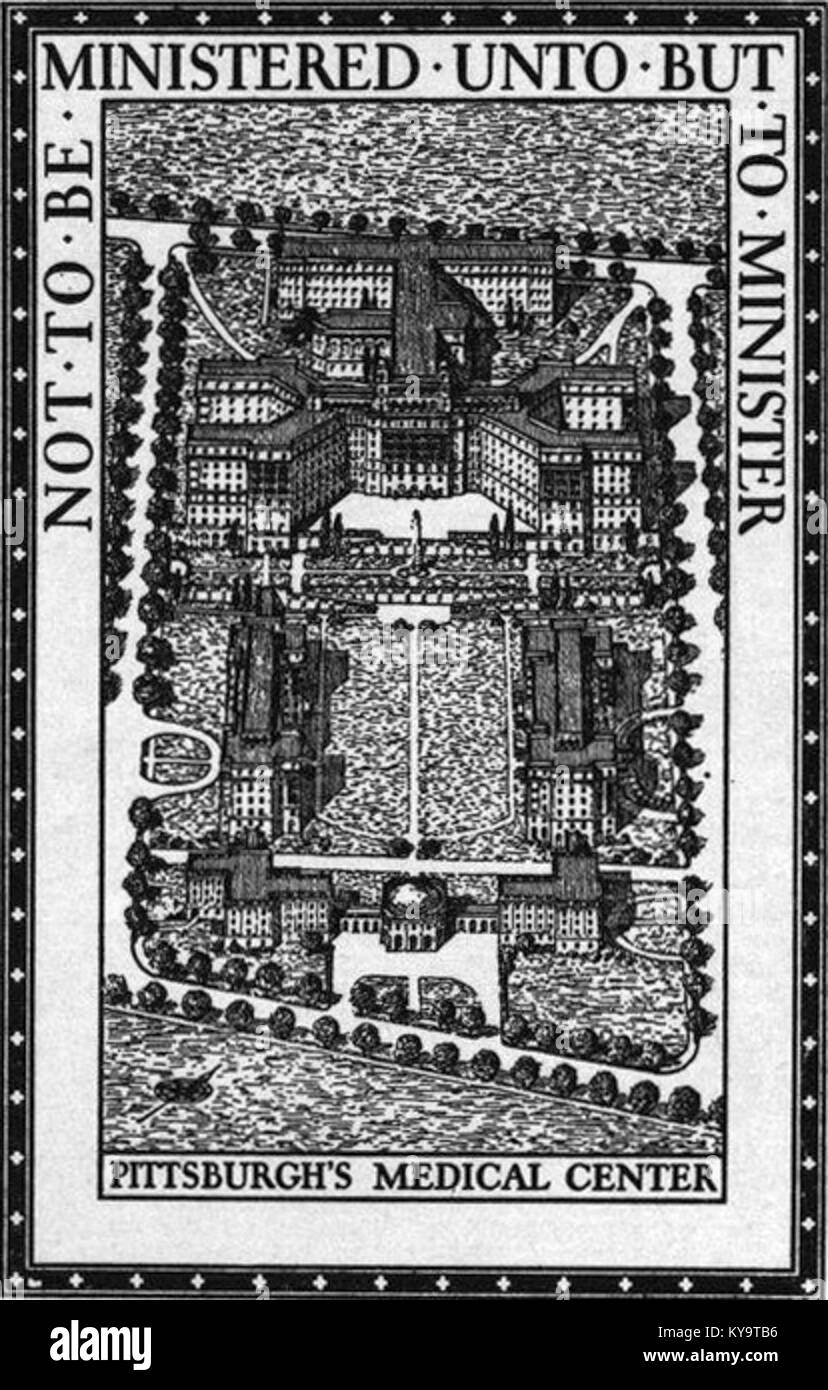 Un dettagliato piano architettonico o del sito per l'Università di Pittsburgh Medical Center, che illustra la disposizione e la progettazione delle sue strutture mediche e delle strutture circostanti. Foto Stock