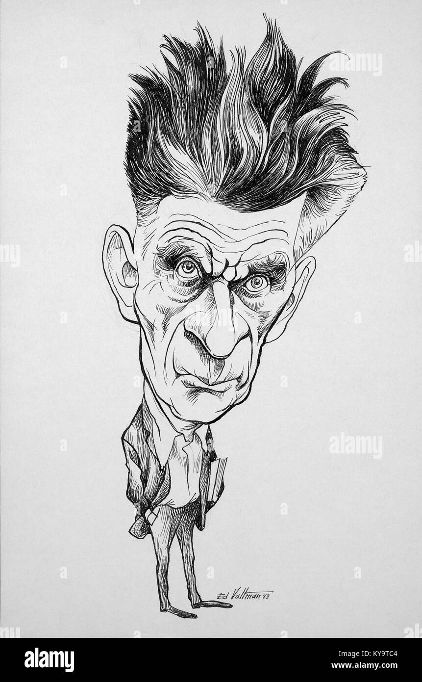 Una caricatura di Samuel Beckett di Edmund S. Valtman raffigura lo scrittore e drammaturgo irlandese, evidenziando la sua somiglianza e il suo significato culturale nella letteratura del XX secolo. Foto Stock
