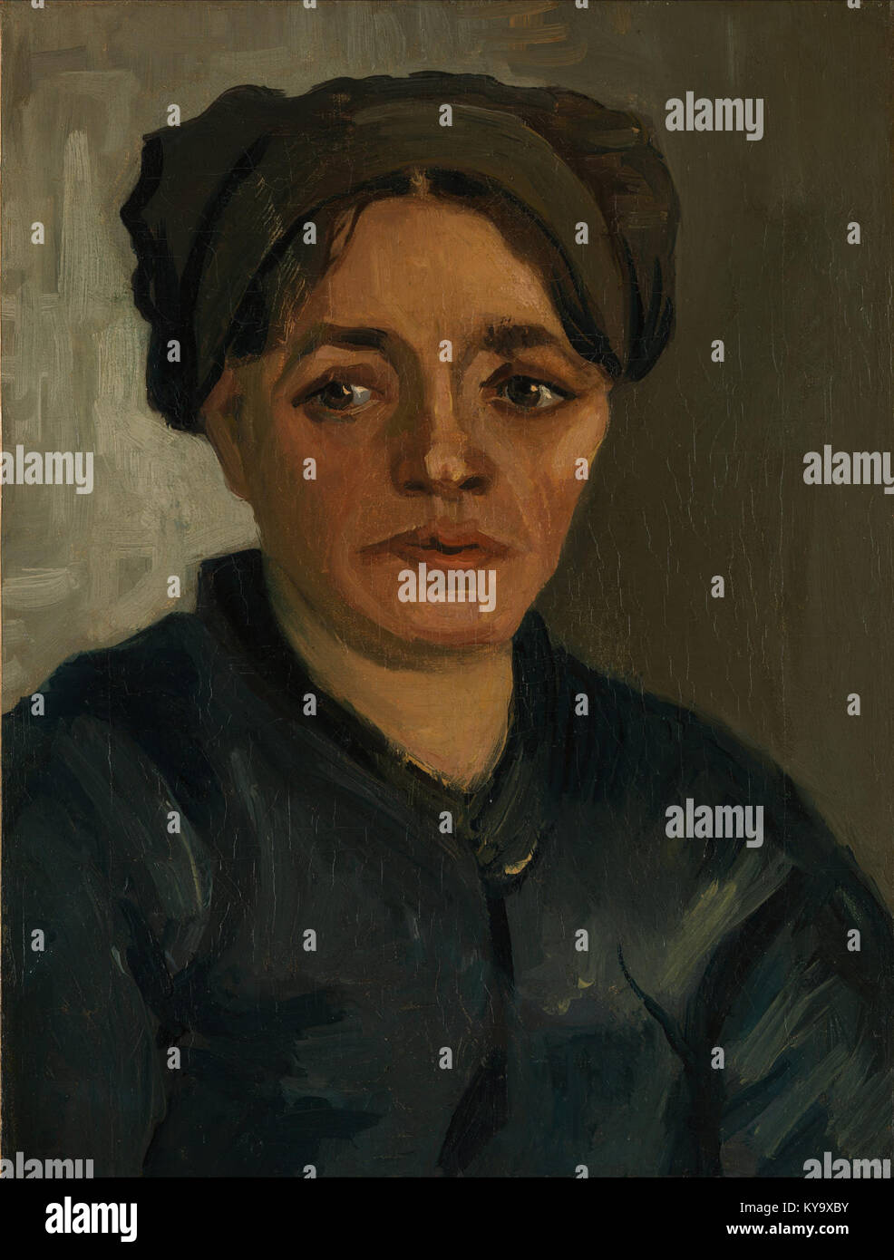 Dipinto di Vincent van Gogh che mostra la testa di una donna contadina con un cofano scuro, evidenziando le caratteristiche del viso e le pennellate espressive. Foto Stock