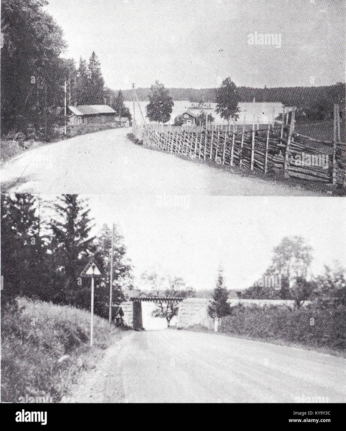 Una fotografia storica della ferrovia Stafsjö in Svezia, che mostra l'incrocio stradale a Stavsjö tra il 1898 e il 1939. L'immagine cattura l'infrastruttura ferroviaria dei primi anni del XX secolo nella regione. Foto Stock