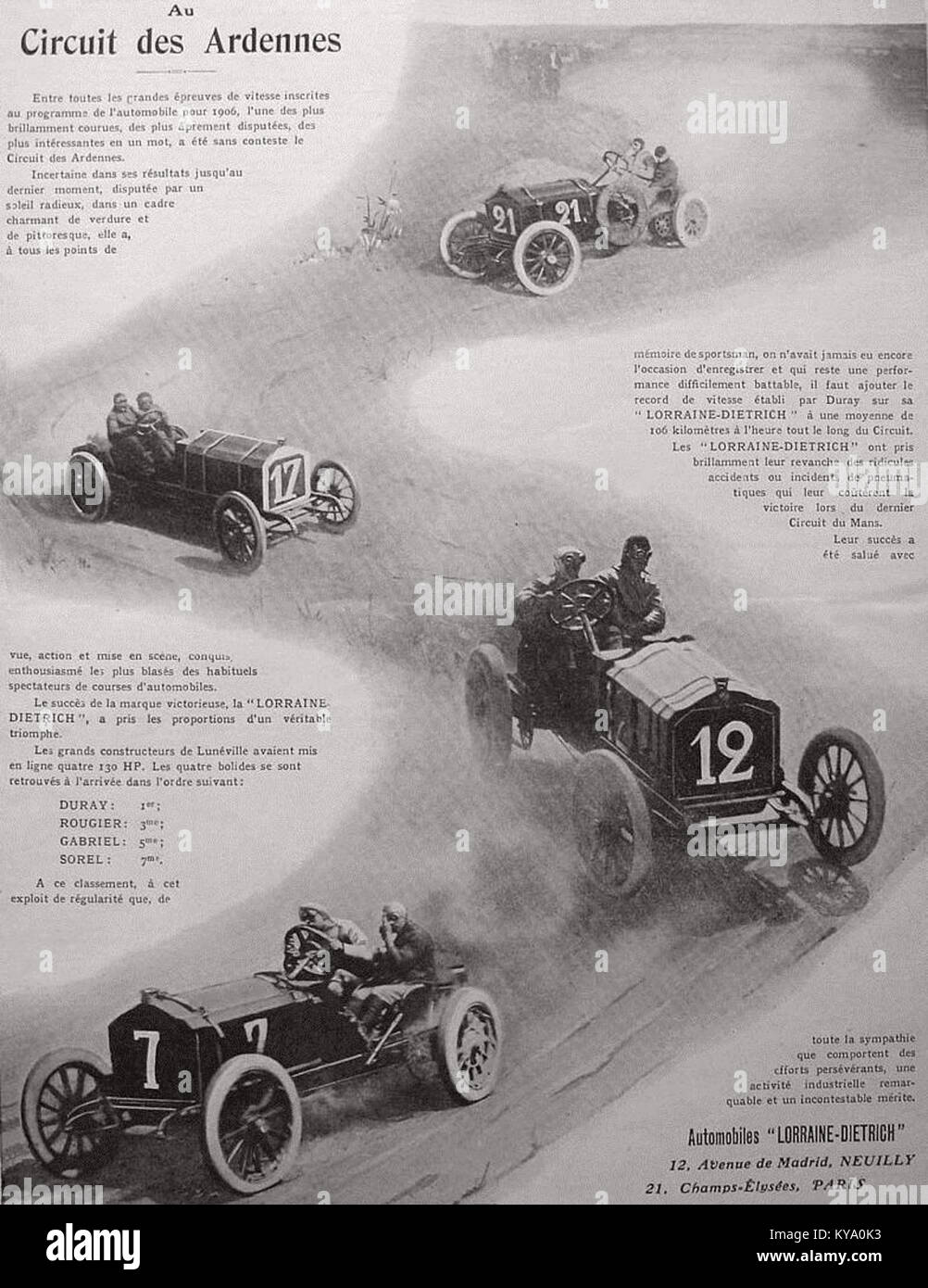 Una pubblicità storica che mostra il marchio Lorraine-Dietrich dopo la gara del 1906 sul Circuit des Ardennes, mettendo in evidenza il design dei veicoli, la partecipazione agli sport motoristici e le prime tecnologie automobilistiche. Foto Stock