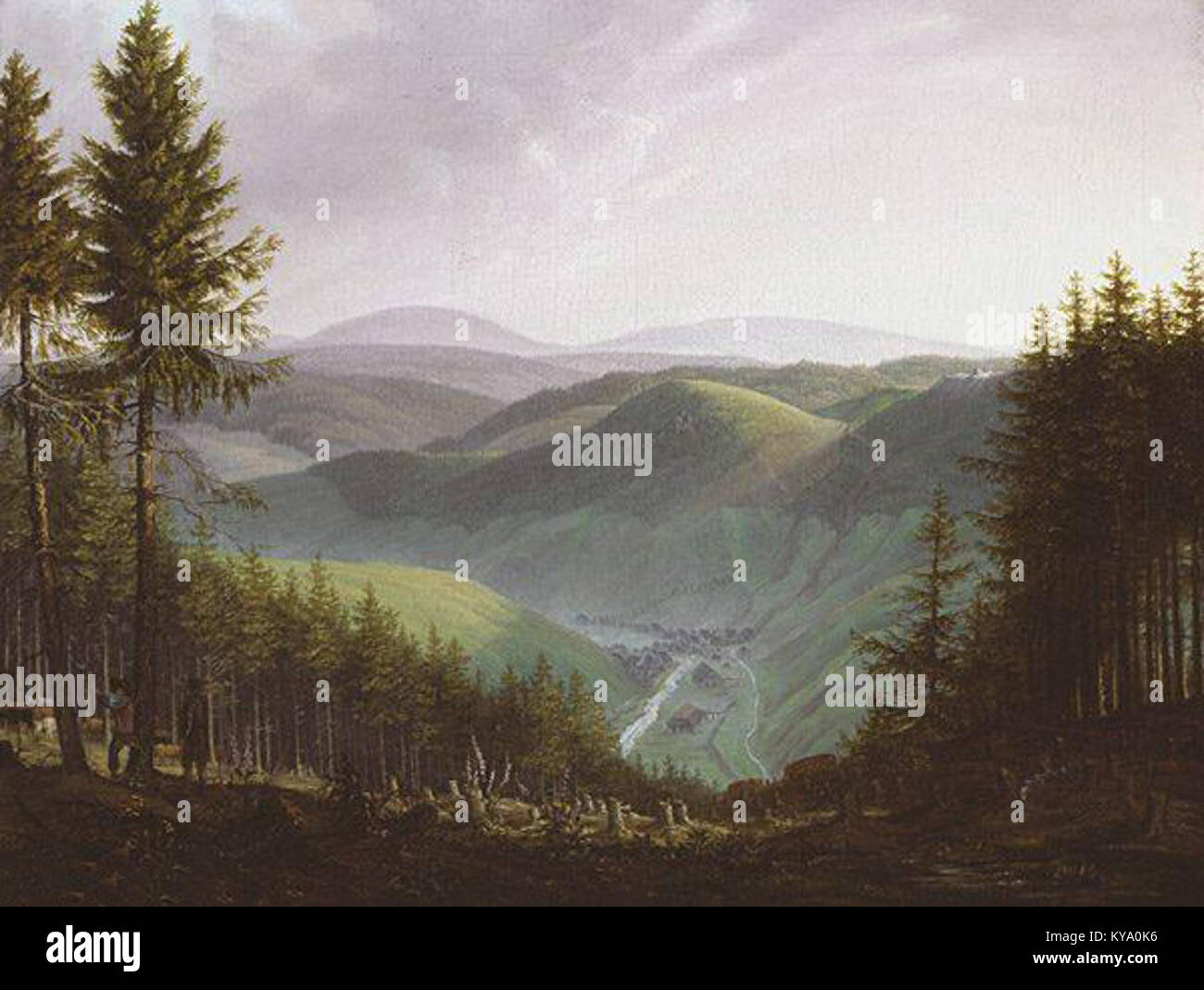 Dipinto raffigurante i boscaioli nelle montagne di Harz di Wilhelm Saxesen, che mostra i lavoratori, il paesaggio forestale e le attività di legname tipiche della silvicoltura del XIX secolo. Foto Stock