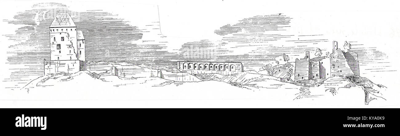 Una litografia del 1866 di Władysław Łuszczkiewicz raffigurante le rovine del castello di Melsztyn nella valle di Dunajec. Le opere d'arte catturano l'architettura medievale e il significato storico del sito. Foto Stock