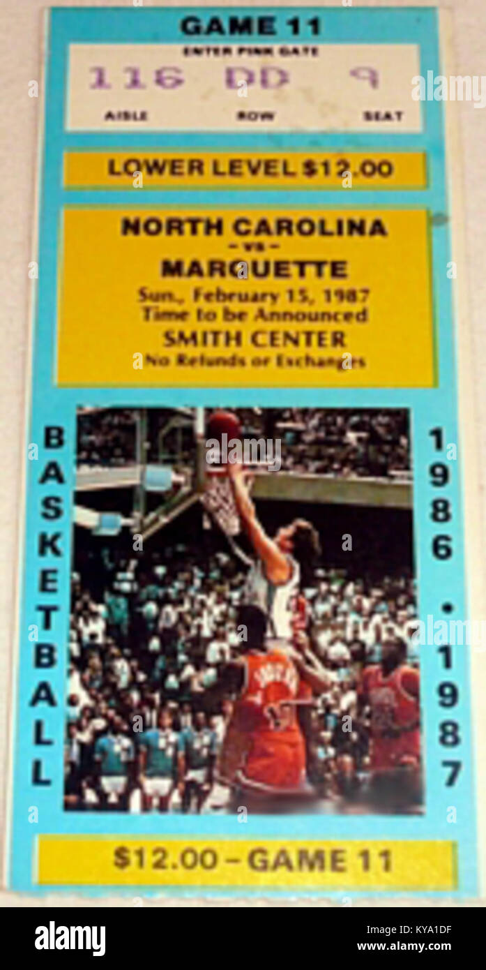 Marquette a North Carolina Tar Heels di pallacanestro degli uomini di 1987-02-15 (ticket) Foto Stock