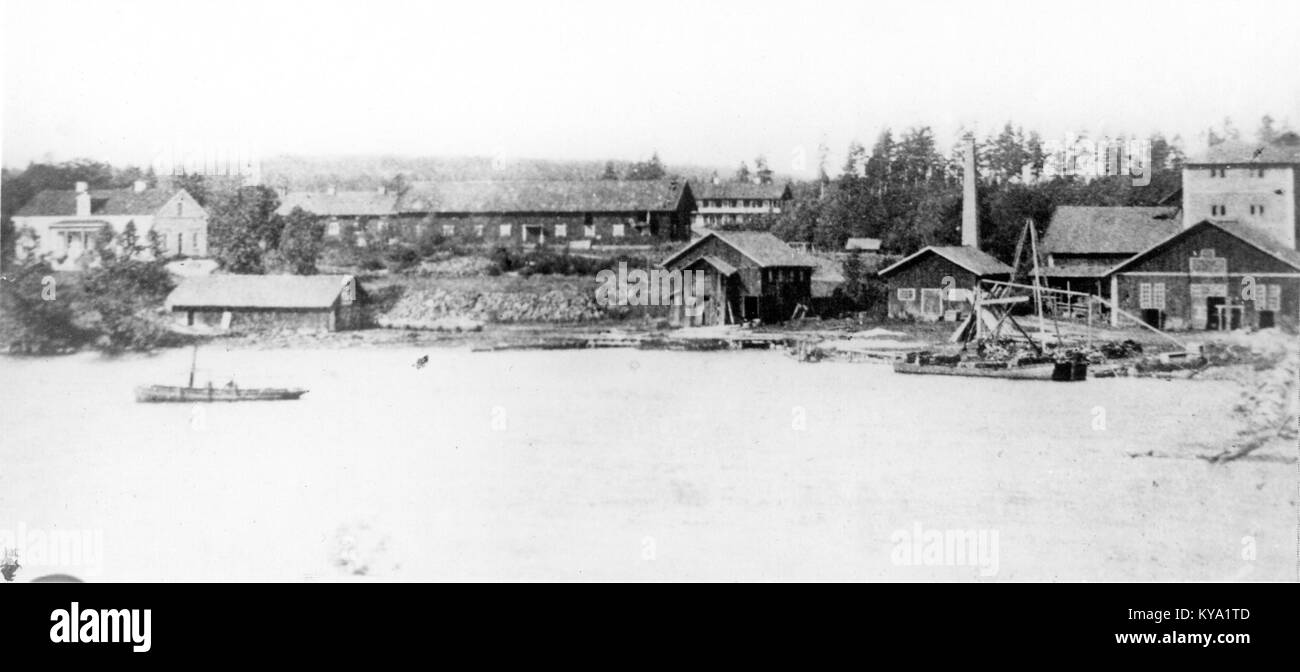 Questa immagine di Trummelsbergs Bruk intorno al 1890 mostra un complesso industriale svedese, che illustra edifici, macchinari e pratiche operative alla fine del XIX secolo. Foto Stock