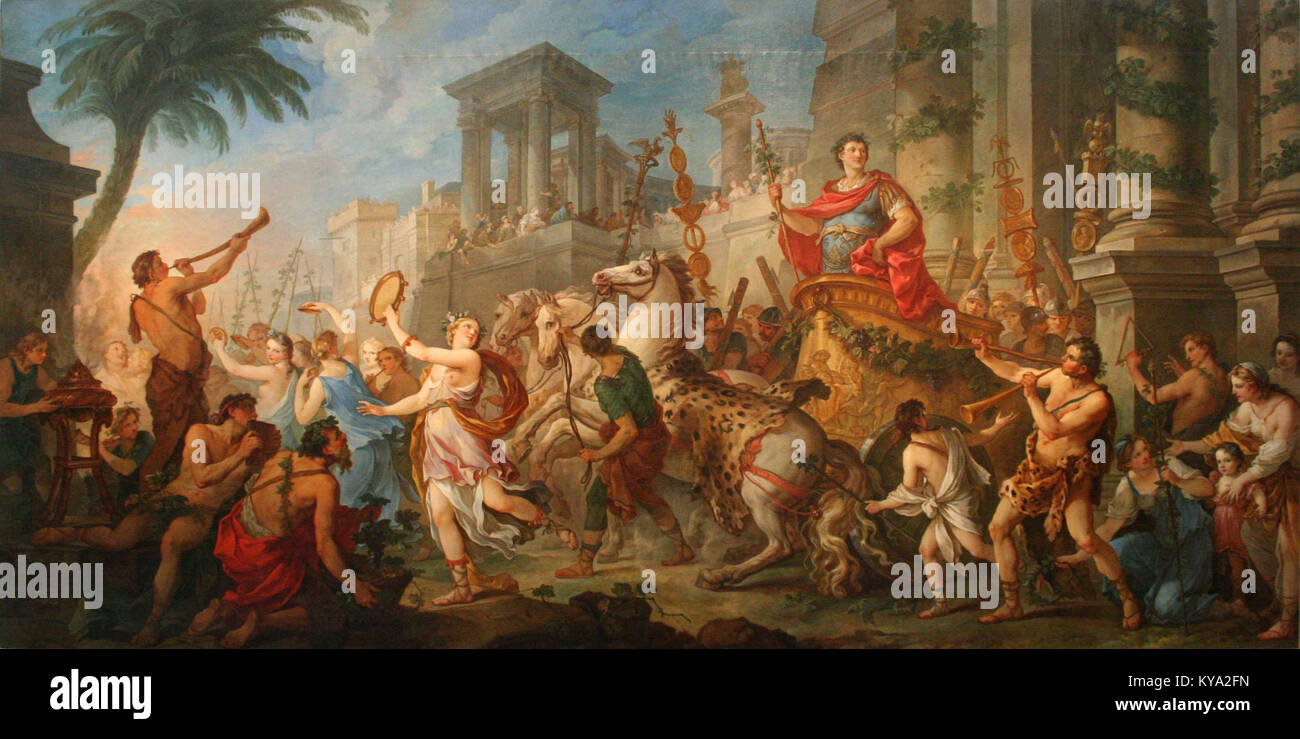 Questo dipinto ad olio del 1741 di Charles-Joseph Natoire, intitolato "l'entrée de Marc-Antoine à Ephèse", raffigura l'ingresso storico di Marc Antony a Efeso. L'opera fa parte di una serie che illustra la storia di Marc Antony e Cleopatra. Foto Stock