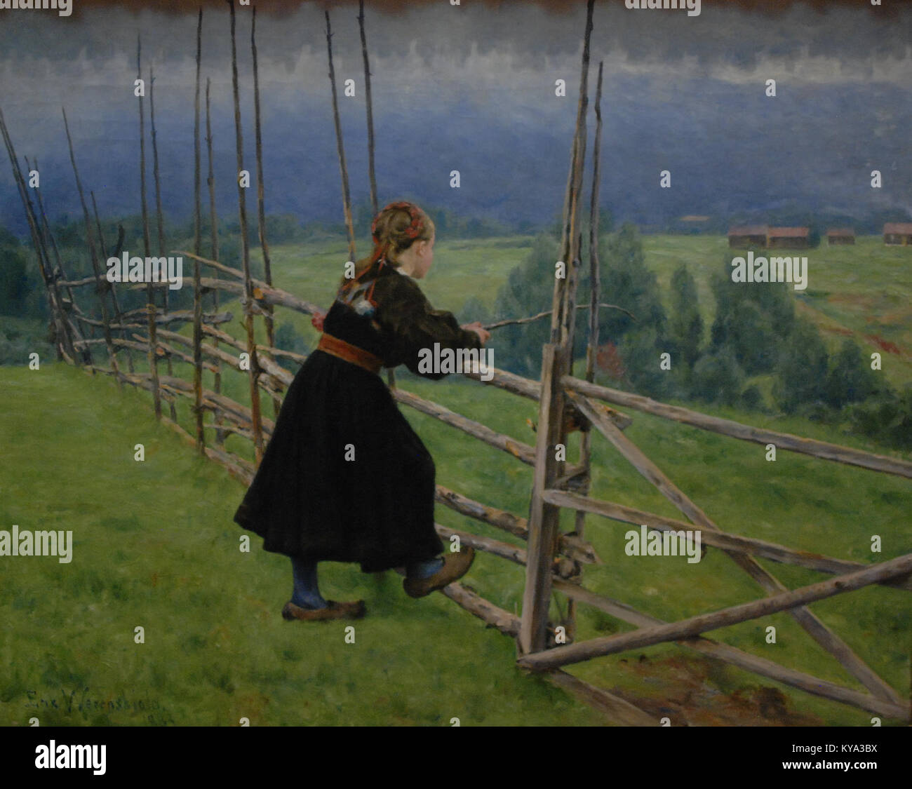 Il dipinto "på slätten" di Erik Werenskiold raffigura un paesaggio rurale pianeggiante, mostrando campi, vegetazione e condizioni atmosferiche tipiche della campagna norvegese. Foto Stock