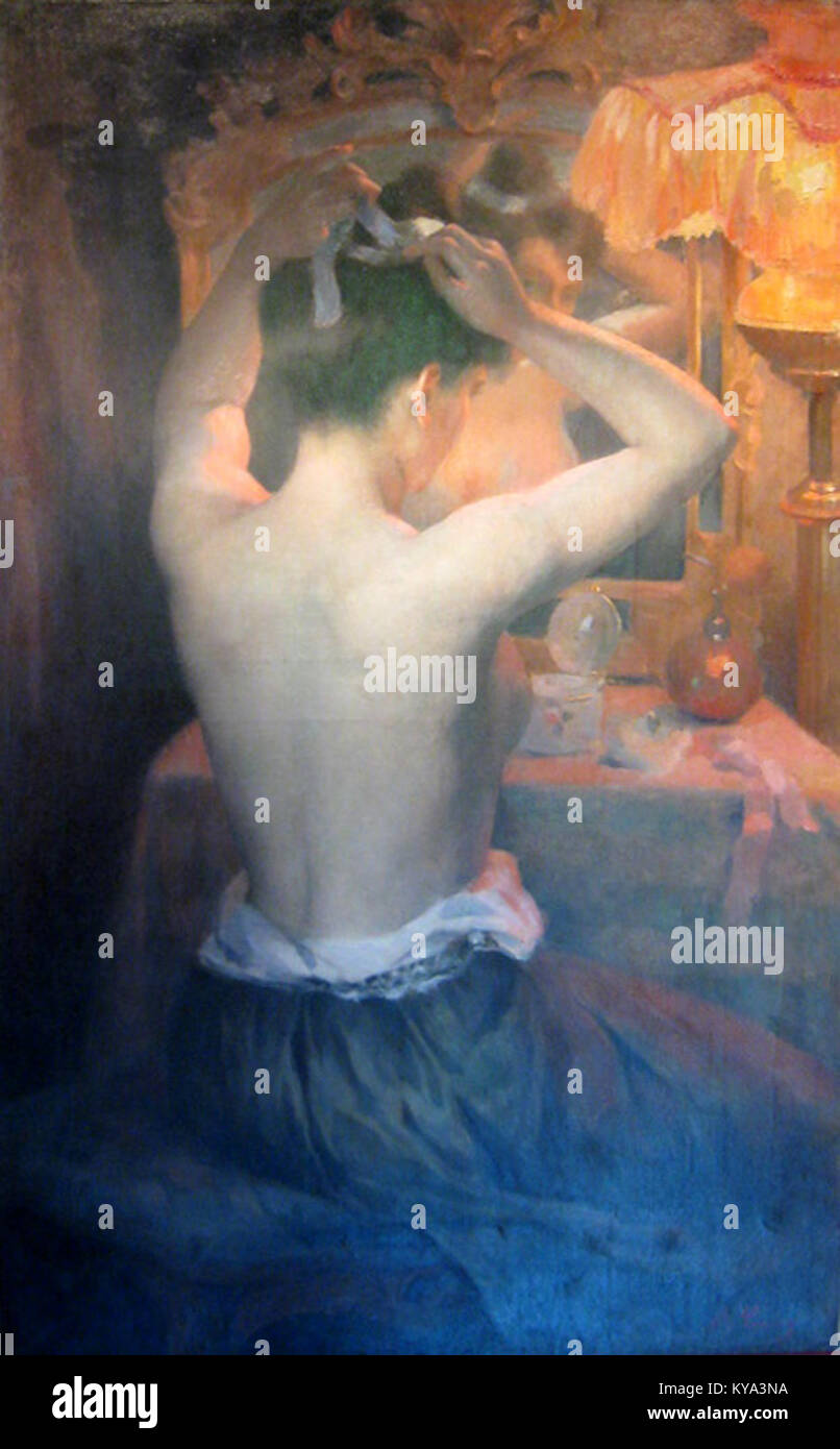 Pittura o illustrazione "Femme à sa toilette" di Tonoir, raffigurante una donna impegnata nella sua cura personale, che riflette temi artistici europei dell'inizio del XX secolo. Foto Stock