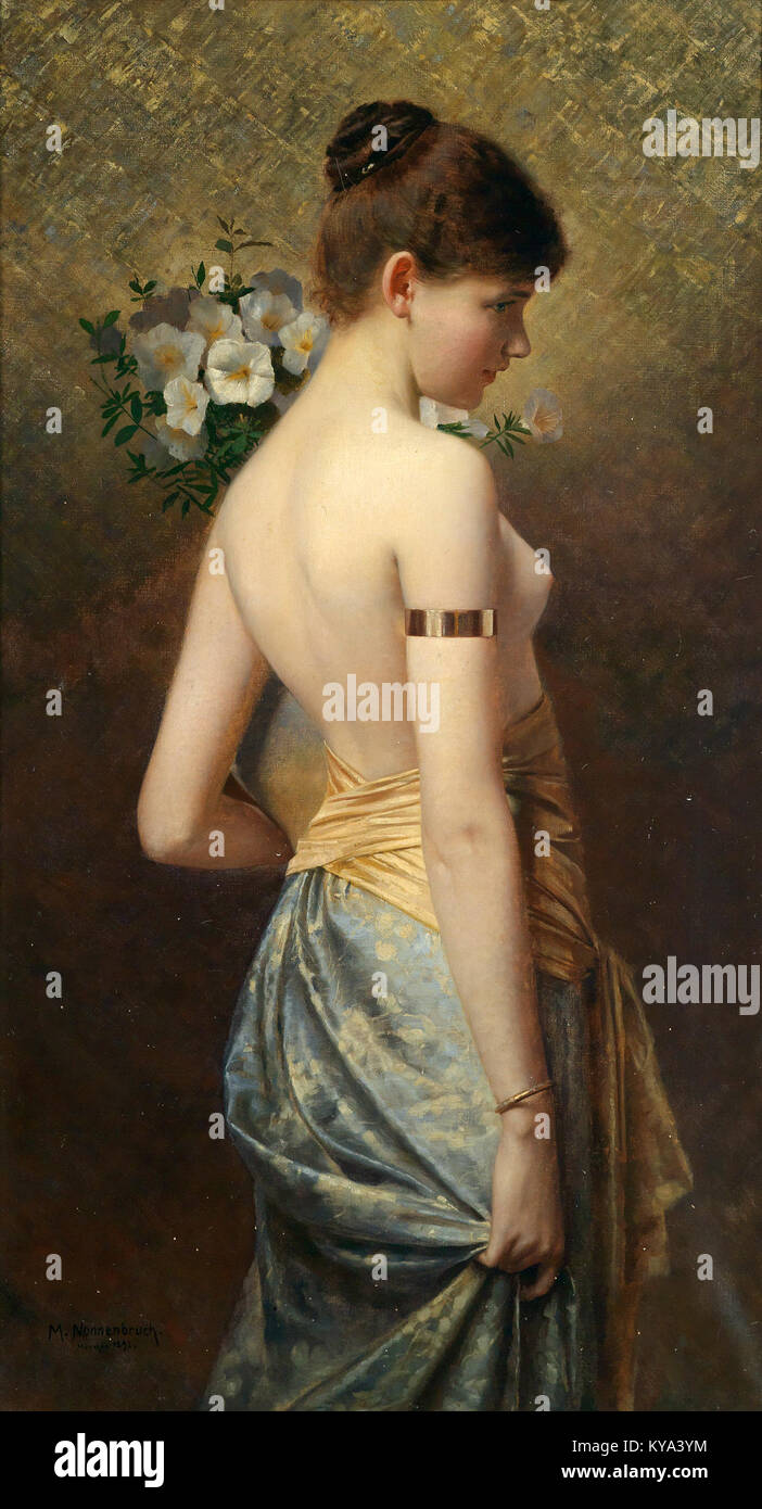 Il dipinto del 1892 di Max Nonnenbruch "Junge Schönheit" (giovane bellezza) raffigura una giovane donna in stile classico, che riflette la ritrattistica e l'estetica artistica europea della fine del XIX secolo. Foto Stock