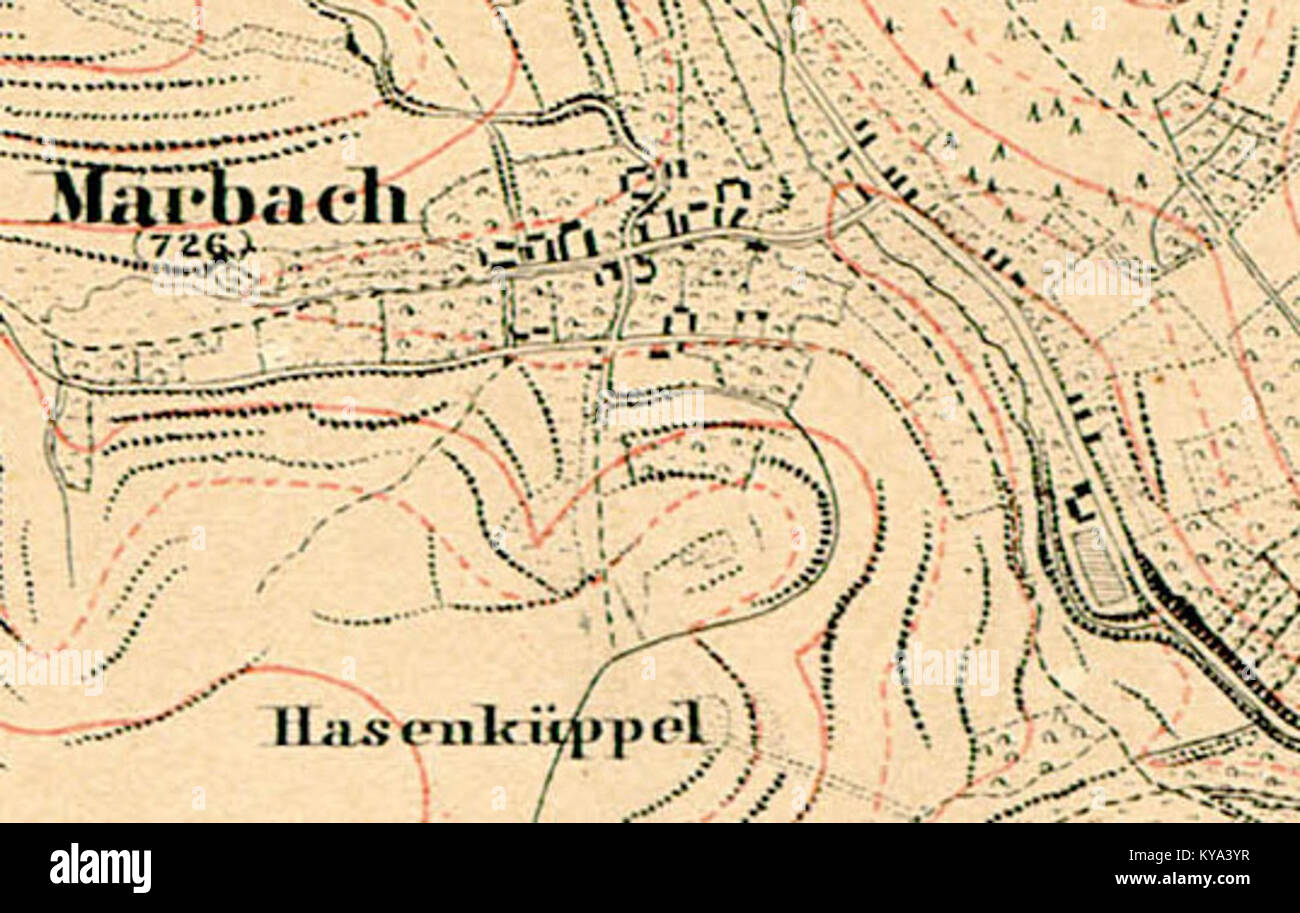 Una mappa topografica di Marbach (Marburg) del 1857, che descrive in dettaglio le caratteristiche geografiche, i punti di riferimento e l'elevazione, servendo come riferimento storico per la topografia della regione del XIX secolo. Foto Stock