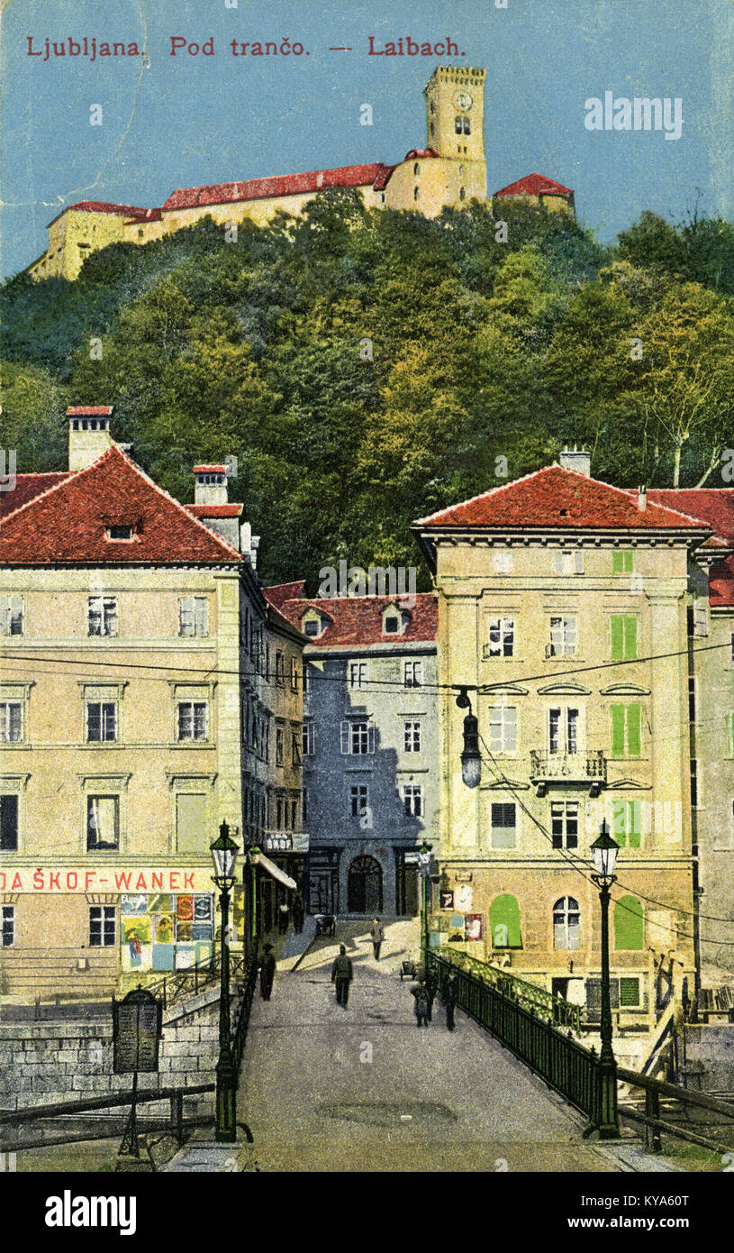 Una cartolina del 1918 raffigurante l'area di Pod Trančo a Lubiana, che mostra strade, edifici e layout urbano durante il periodo post-bellico. Foto Stock