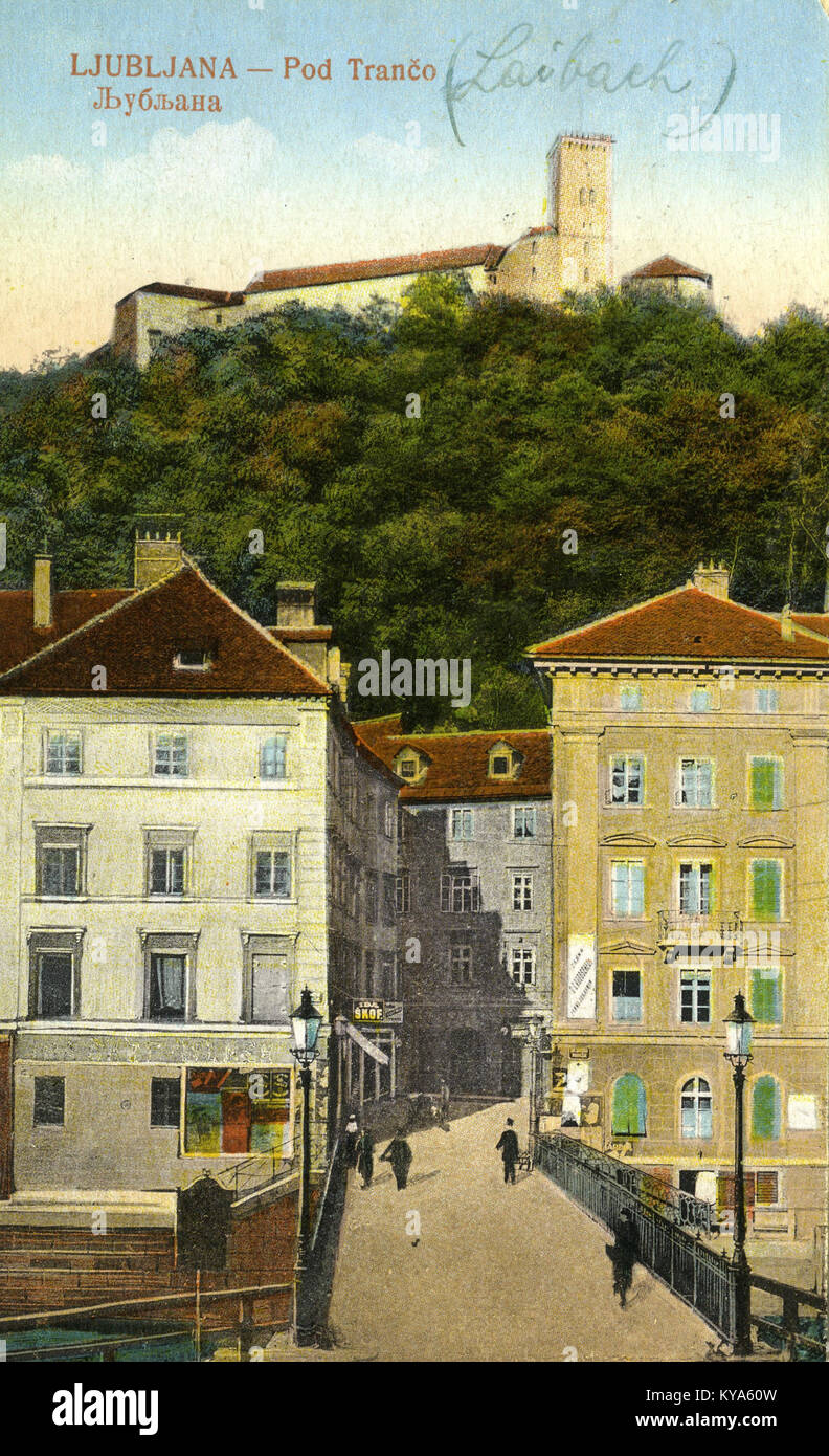 Cartolina che mostra Ljubljana-Pod Trančo, Slovenia, nel 1922, con strade urbane, edifici, e la vita cittadina dei primi anni del xx secolo Foto Stock