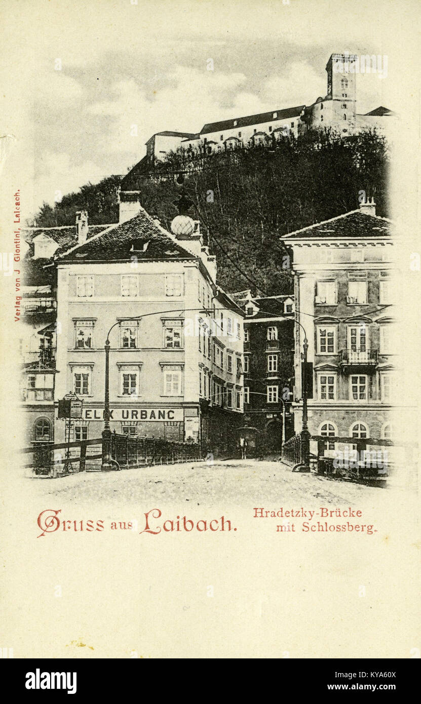 Questa cartolina mostra Ljubljana-Pod Trančo, un quartiere di Lubiana, Slovenia, che raffigura strade, edifici e paesaggi urbani dell'inizio del XX secolo. Foto Stock